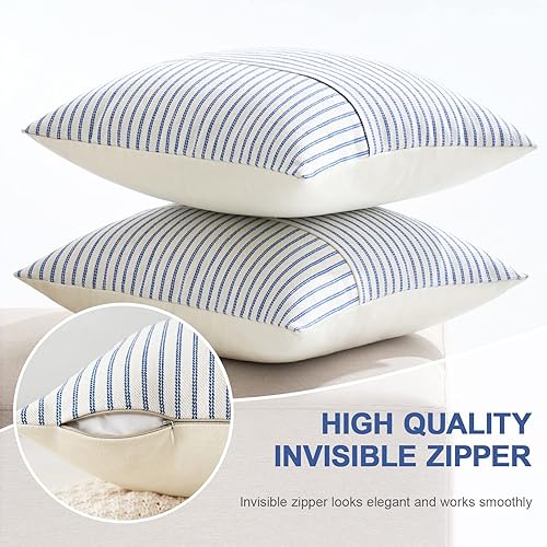 Miniatura 3 de MIULEE Juego de 2 fundas de almohada decorativas de lino a rayas azul real y beige de 16 x 16 pulgadas, fundas de almohada decorativas modernas para