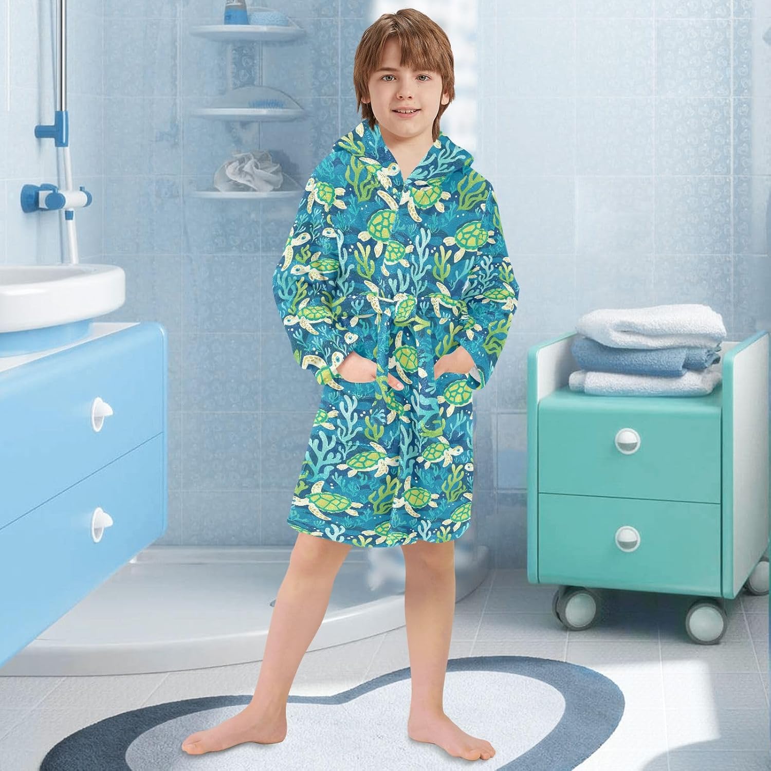 senya Seaweed Turtles Toddler Hooded Bathrobe Kids Soft Plush Bath Towel Robes for Boys Girls 2-12 Years