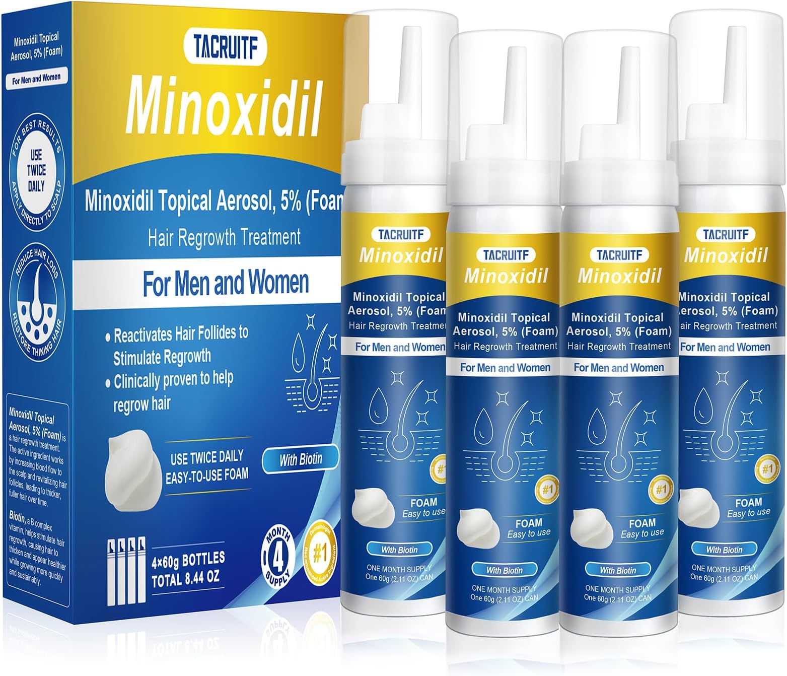 5% Topical Minoxidil Foam, Infused with Biotin, Hair Growth Treatment, Minoxidil for Men and Women, Supports Thicker and Fuller Hair & Beard (Minoxidil Foam, 8.44oz, 4 Month Supply)