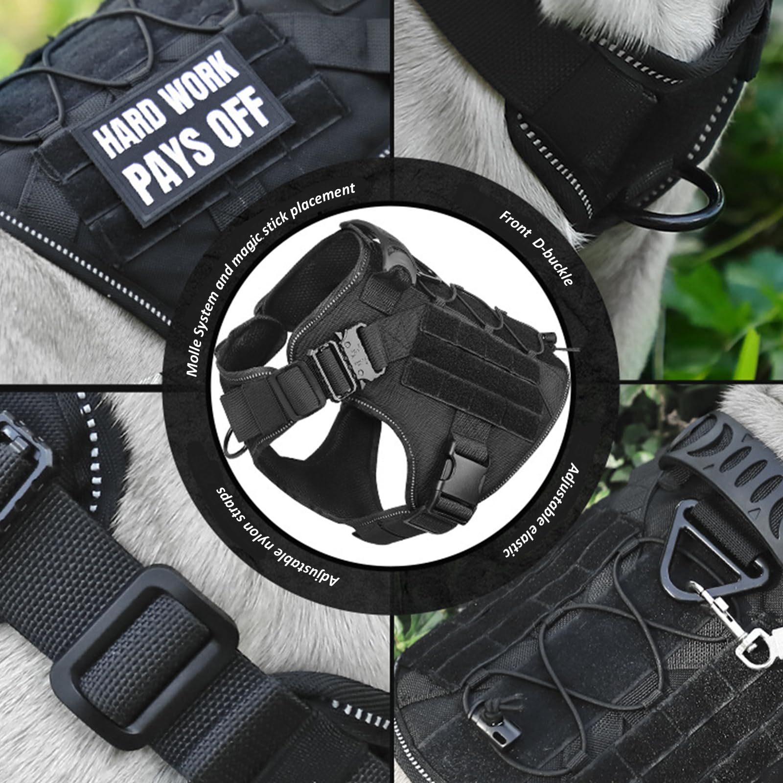 Arnes Perro Antitirones, Arnés Táctico para Perros Pequeño Medianos Y Grandes con Anillo Anti-Tirón Y Sistema Molle Chaleco Acolchado Ajustable para Adiesreamiento Correr,Negro,Medium