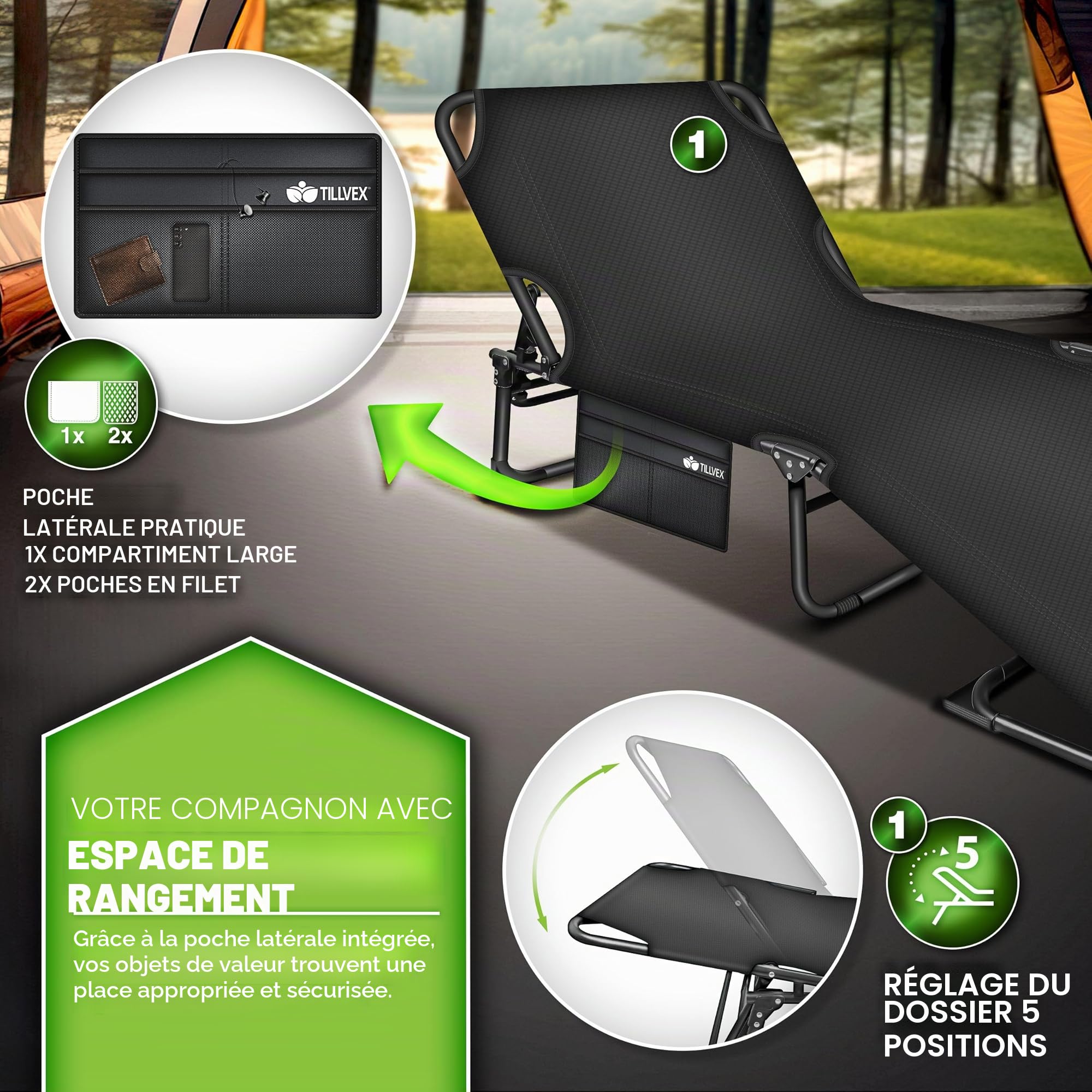 tillvex® Lit de camping pliable avec sac de transport et coussin de nuque - Charge maximale : 280 kg - Chaise longue de camping avec rembourrage - Pour l'extérieur et l'intérieur - Lit d'invité