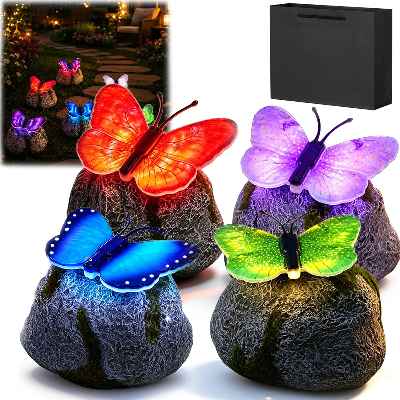 ciobz Solar Butterfly Garden Light, LED Glowing Stone Statue Outdoor Decor (1 Pcs,4colors)