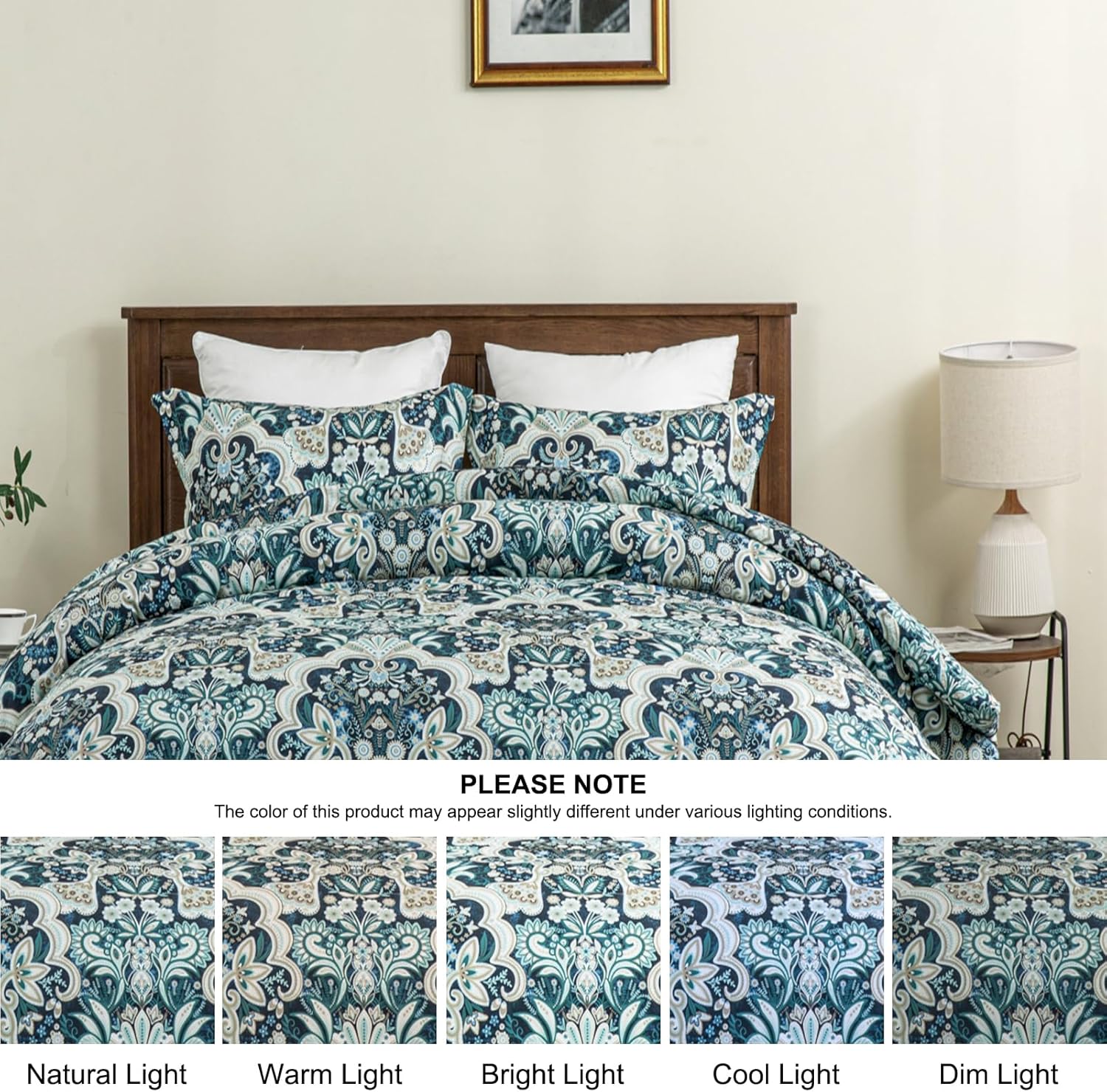 Finlonte Damask Queen Comforter Set, 100% Cotton Paisley Floral Bedding Set, Luxury Ethnic Queen Size Comforter, Fluffy Lightweight Soft Quilted Comforter All Season, Navy Blue/Taupe - Image 4