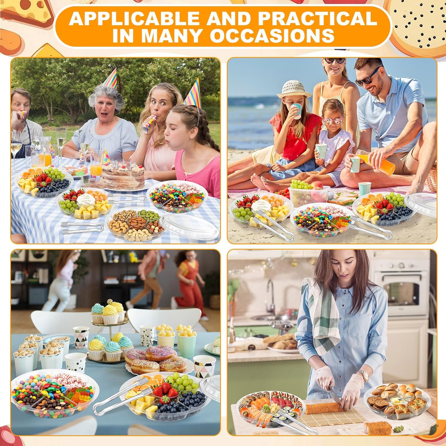 Rtteri 24PCS Plastic Appetizer Trays with Lids 6 Sectional Disposable Veggie Fruit Snack Tray with 8 Serving Tongs 10.4” Clear Round Serving Container Platter for Salad Nut Olive Snack Party