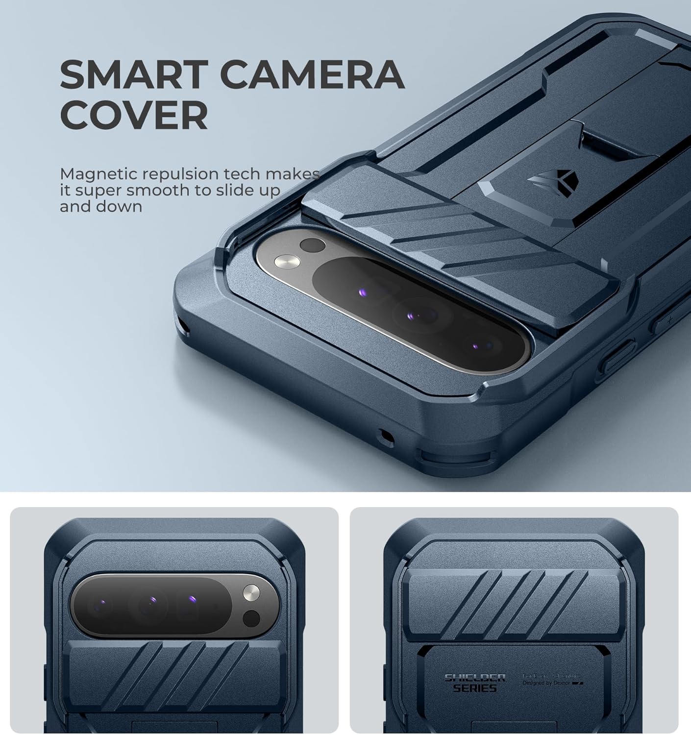 Close-up of the Dexnor case's slide camera cover, showing it in both open and closed positions.