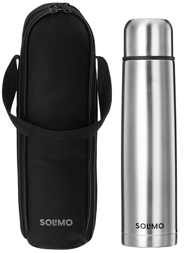 Amazon Brand - Solimo Stainless Steel Insulated 24 Hours Hot or Cold Bottle Flask with Flip Lid and Cover, 1000ml, Silver
