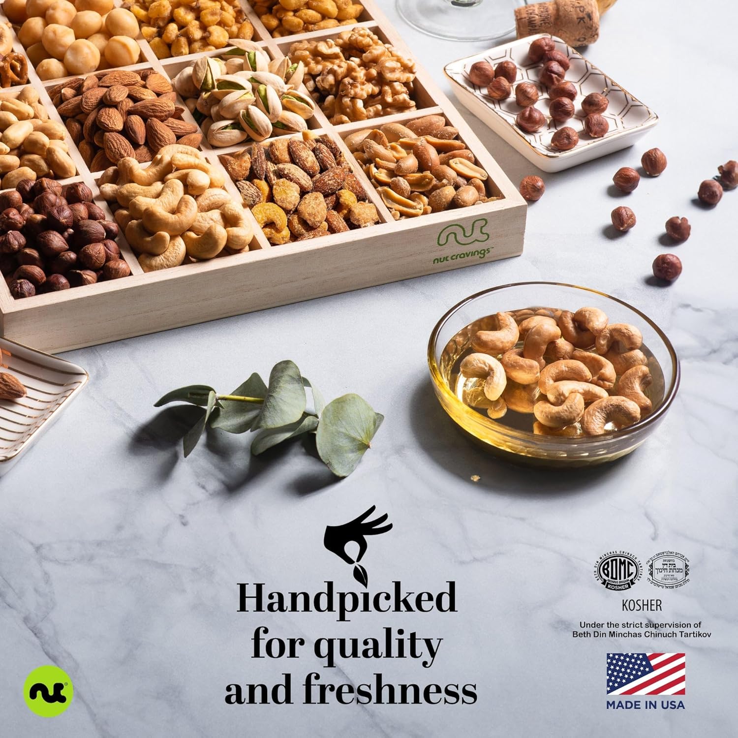 NUT CRAVINGS - Purim Mishloach Manot Mixed Nuts Gift Basket in Reusable Wooden Tray + Heart Ribbon (12 Assortments) Ramadan Gifts Treats for Adults, Food Arrangement, Healthy Snack Care Package Kosher - Image 7