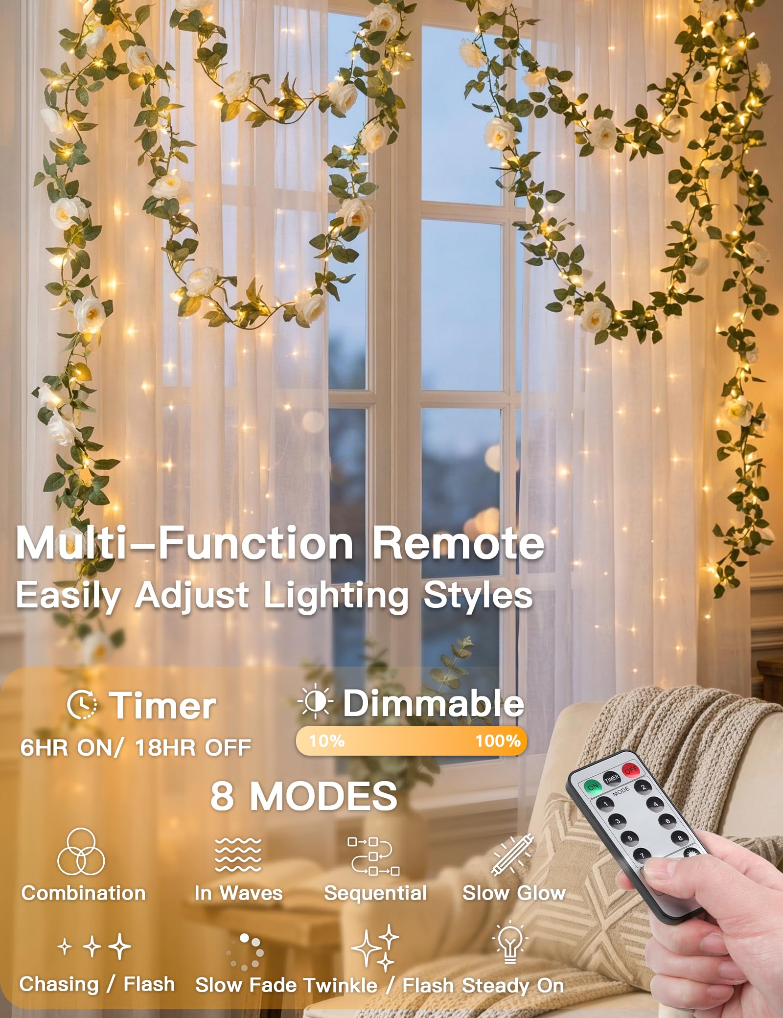 SUDDUS Guirnalda de 60 LED con luces de camelia blanca, funciona con pilas, cable transparente