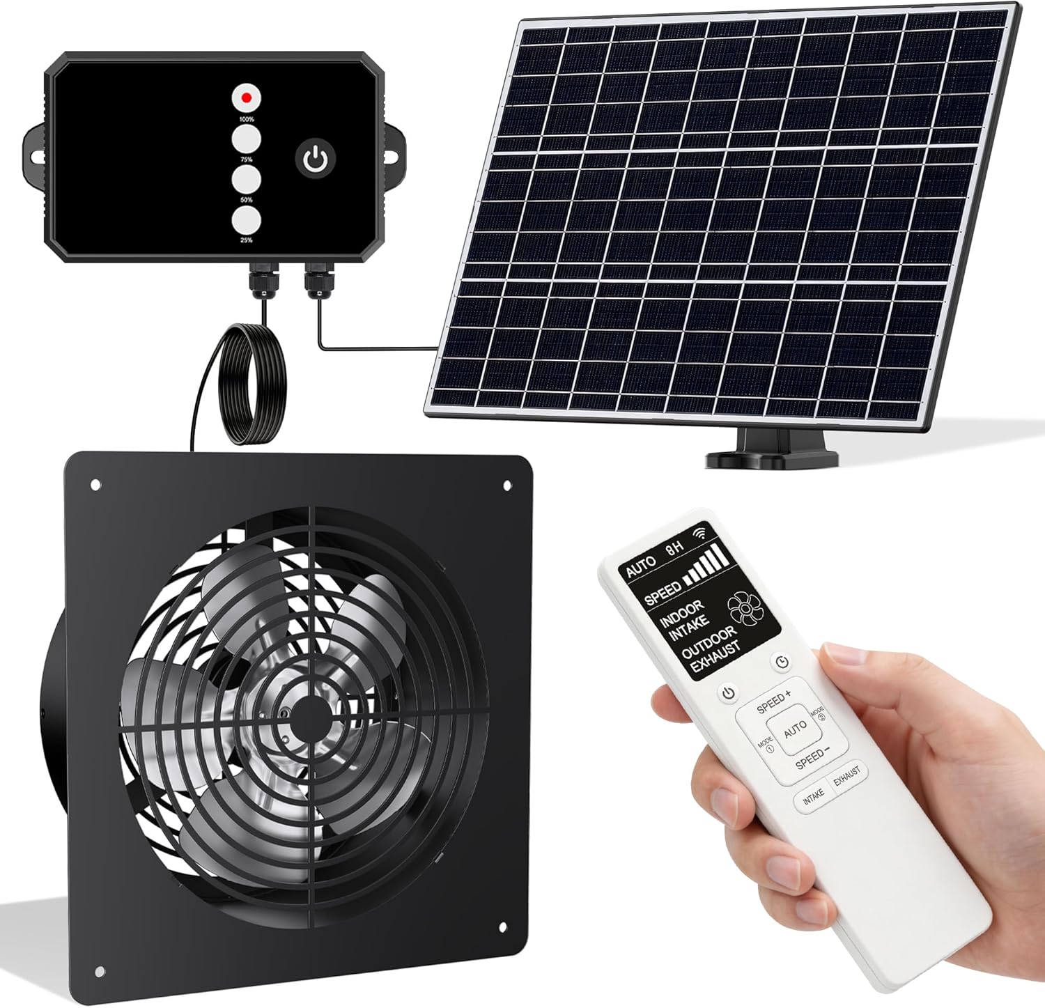 Solar Powered Fan for Chicken Coop, 15W Solar Panel Fan with Reversible Airflow 3 Smart 24H Circulation Modes 1-6 Speed & 1-8H Timer, Aluminum Fans for Poultry House Shed Greenhouse