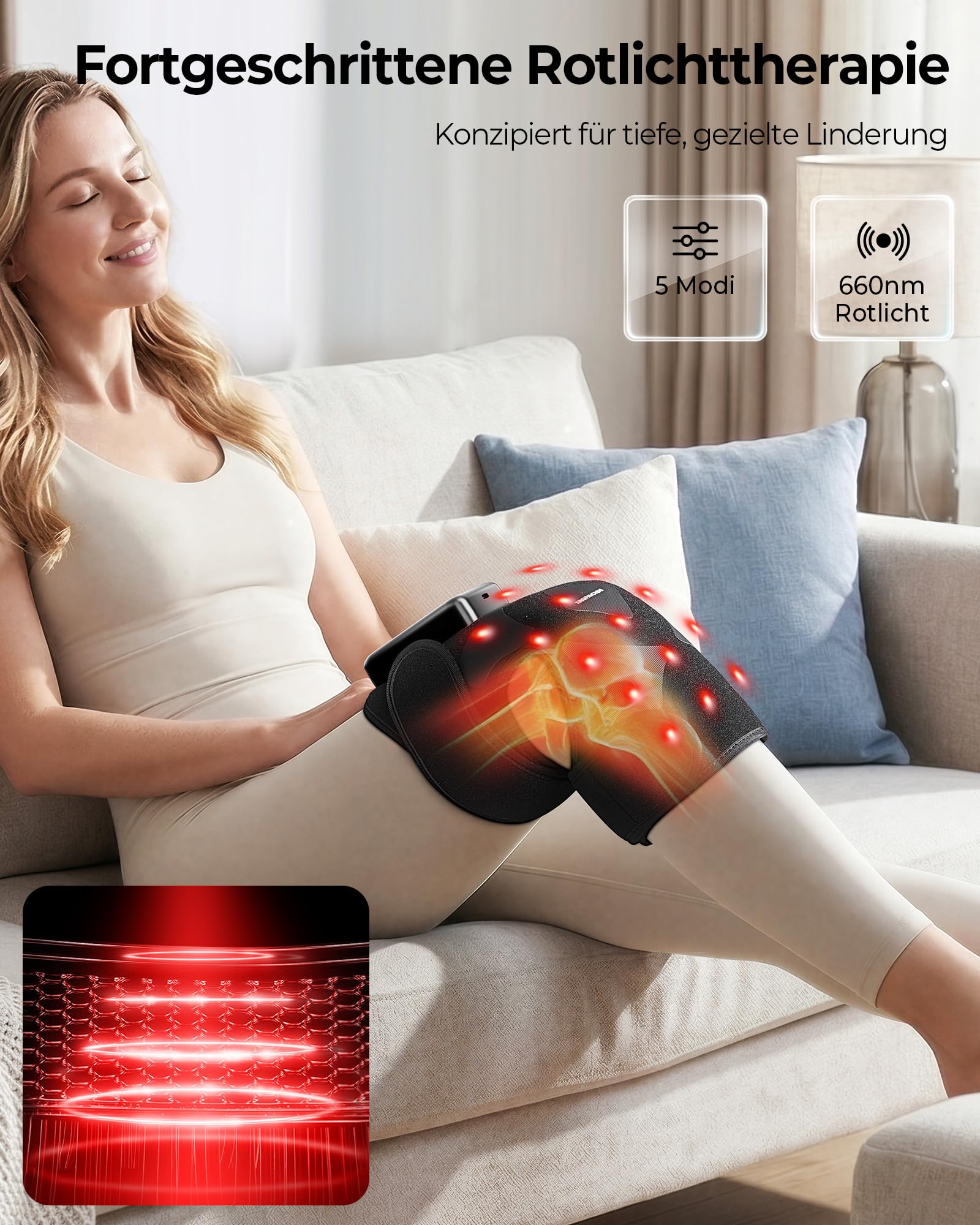 KingPavonini Kabellose Kniemassagegerät mit Wärme, Rotlichttherapie und 4-Motor-Vibration, Kniebandage Massagegerät gegen Knieschmerzen, 5 Wärmestufen & 5 Rotlichtmodi, Geschenk für Mama Papa(1 Stück)