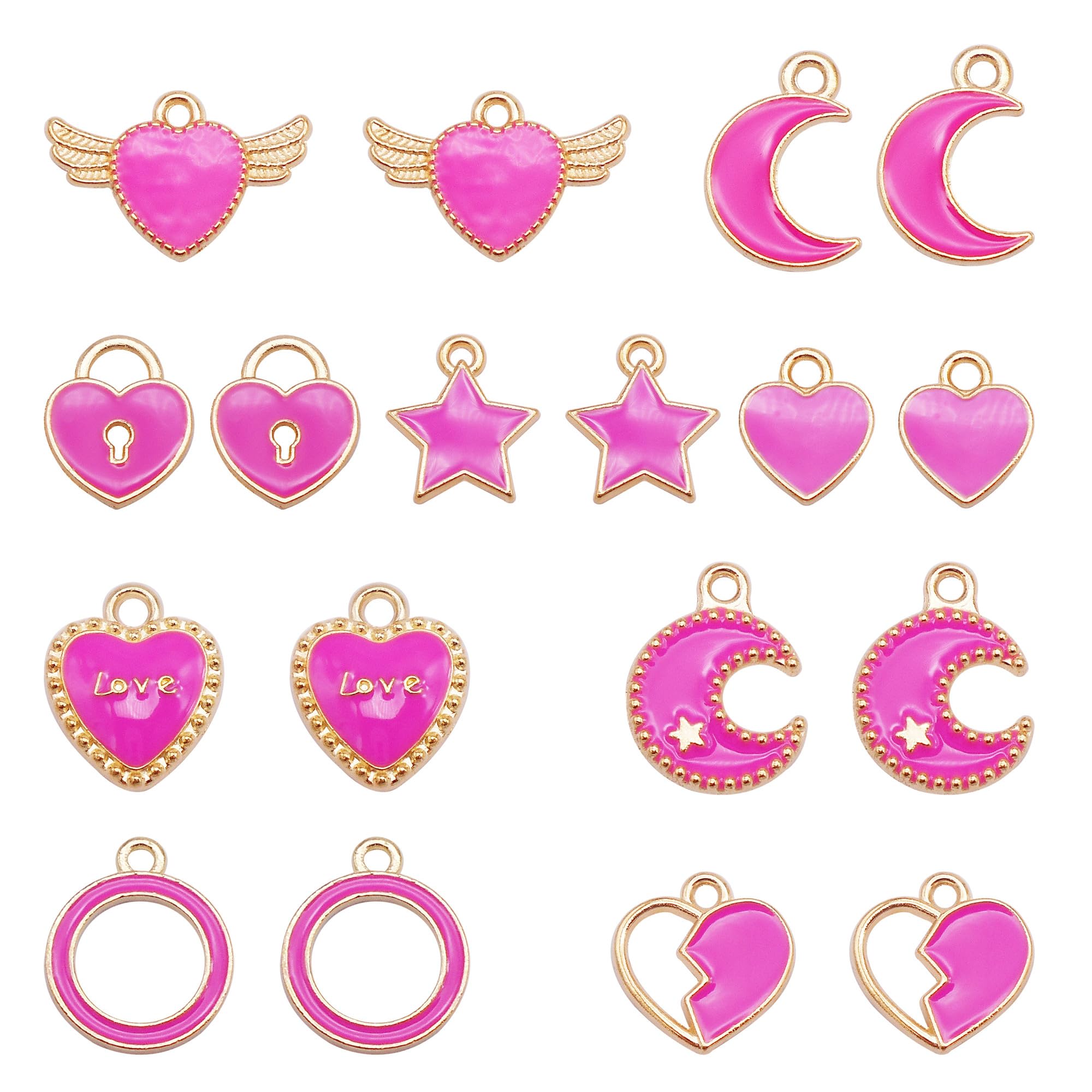 Julie Wang 54pcs Bright Pink Moon Star Heart Charms Pendants for Fashion Women Jewelry Necklace Earrings Bracelet DIY Making