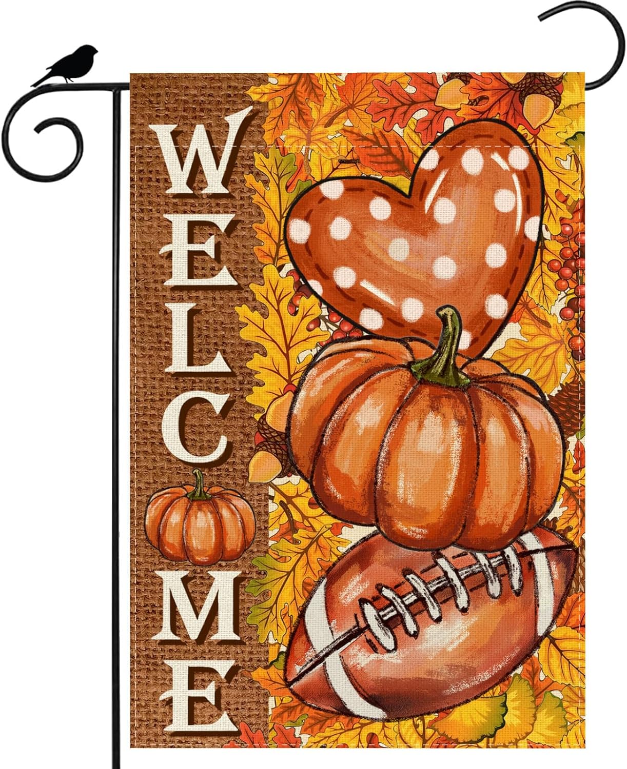 Fall Welcome Pumpkins Football Love Heart Maple Leaves Autumn Garden Flag Yard Flag 12x18 Inch Double Sided Small Mini Yard Outdoor Outside Farmhouse Holiday Decoration