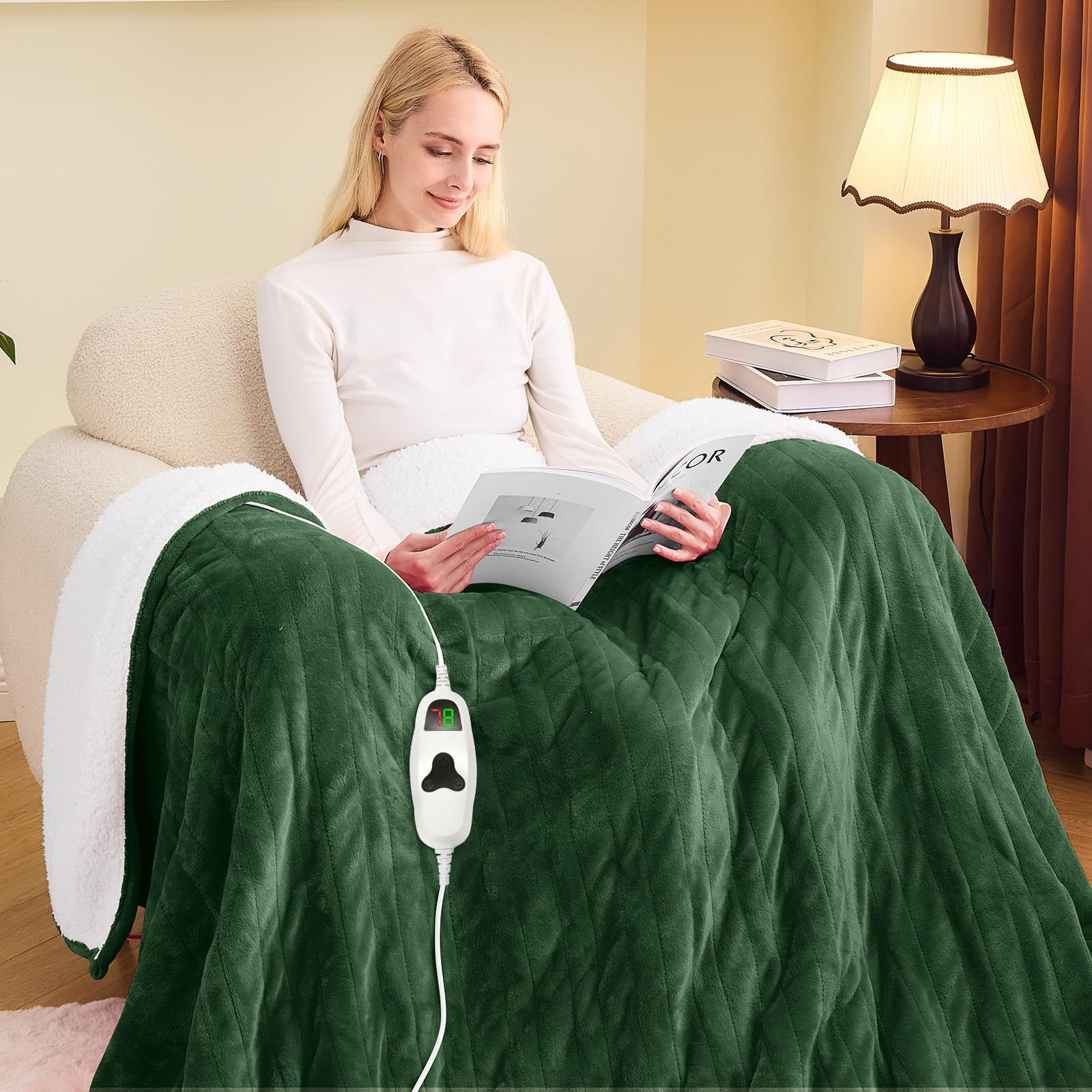 greenoak Heated Blanket Electric Twin 62"X84", Heating Blankets with 10 Levels 8 Hours Auto-Off, Soft Flannel Sherpa Fluffy House Warming Gifts for Grandma Seniors Momt, Jade Green