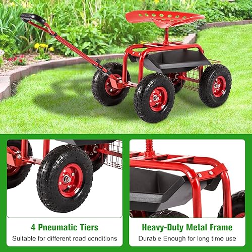 Miniatura 4 de kinbor Carrito de jardín Patinete con mango de dirección extensible, asiento giratorio y cesta utilitaria, rojo