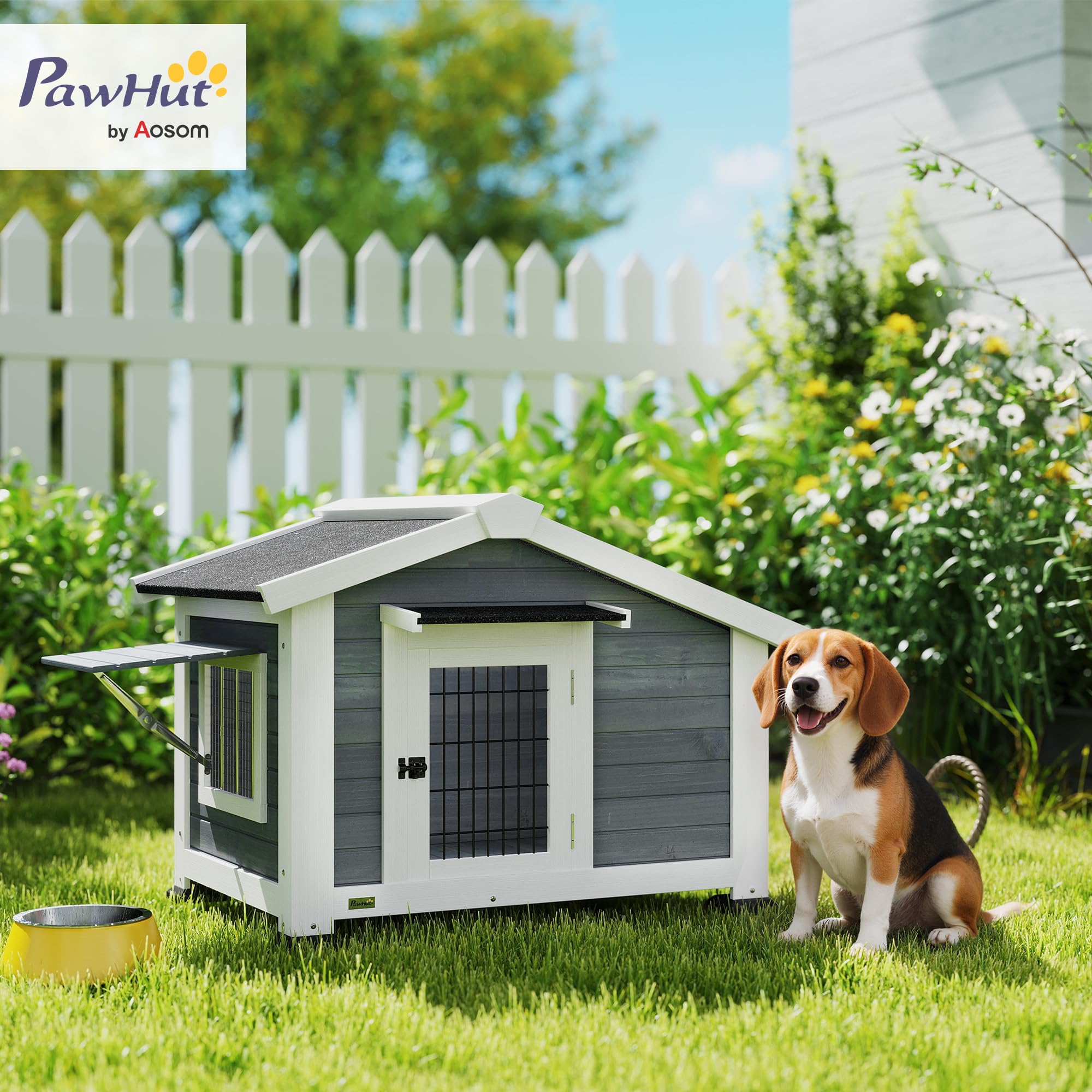 PawHut Caseta para Perros Exterior de Madera con Base Elevada y Suelo Extraíble, Casa para Perros Medianos con Techo Asfáltico, Ventana Abatible y Puerta Ventilada, 98x76x69,5 cm, Gris