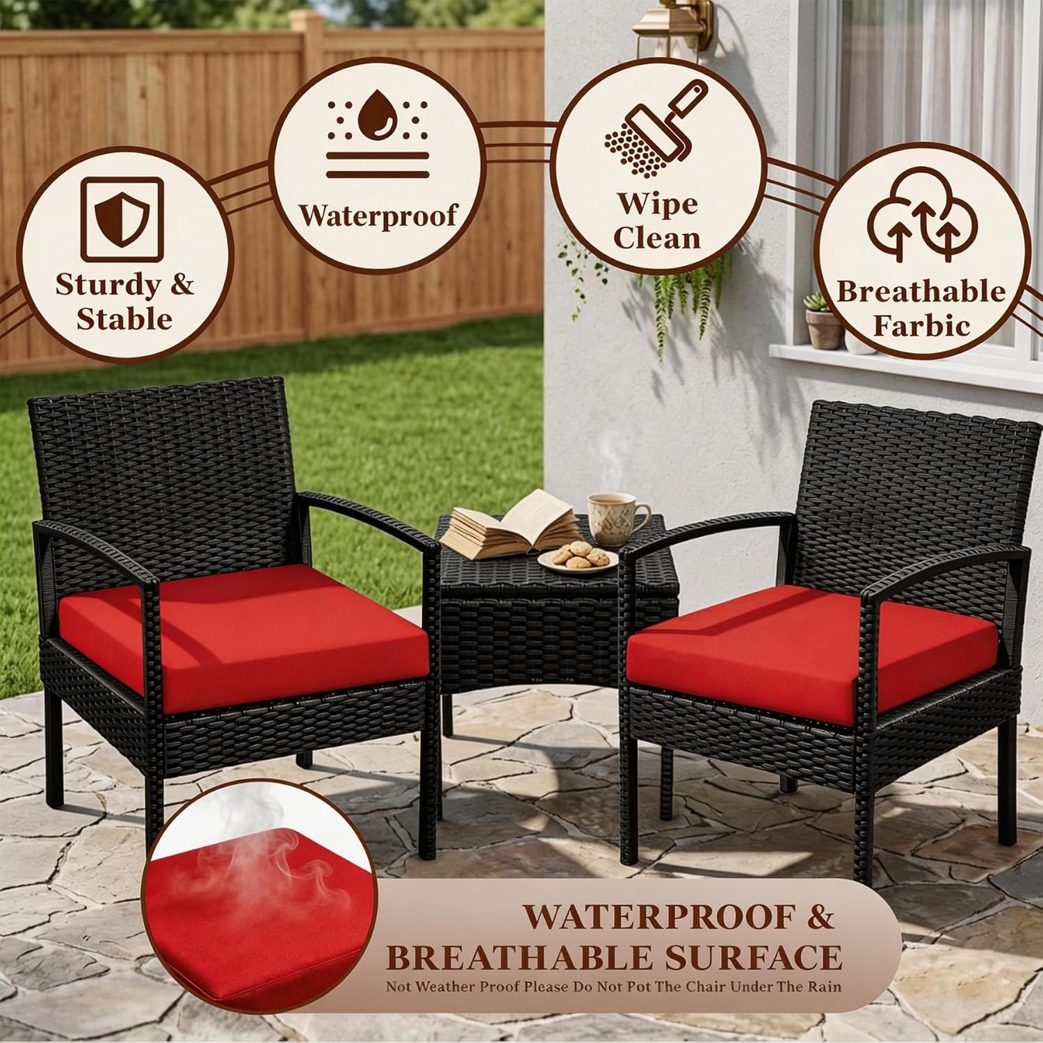 PROHIKER 3 PCS Patio Rattan Conversation Bistro Chairs Set, Outdoor Patio Furniture Wicker Bistro Set with Coffee Table for Garden Porch Balcony Yard Lawn, Red