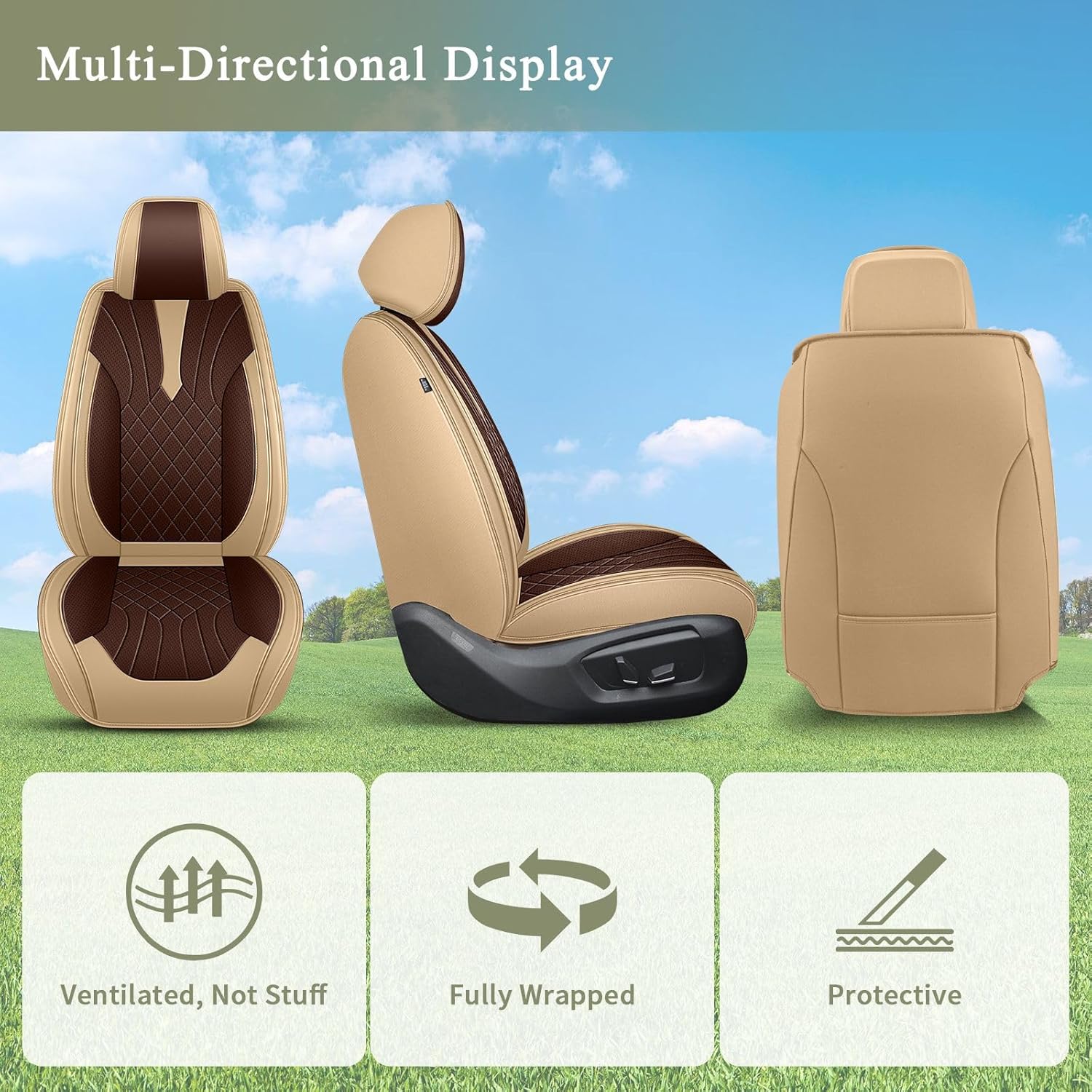 Breathable Car Seat Covers for Volkswagen Tiguan VW 2009-2025 2026, Front Seats, Perforated Leather, Seat Protector, Interior Trim for VW Tiguan Accessories (Beige&Brown)