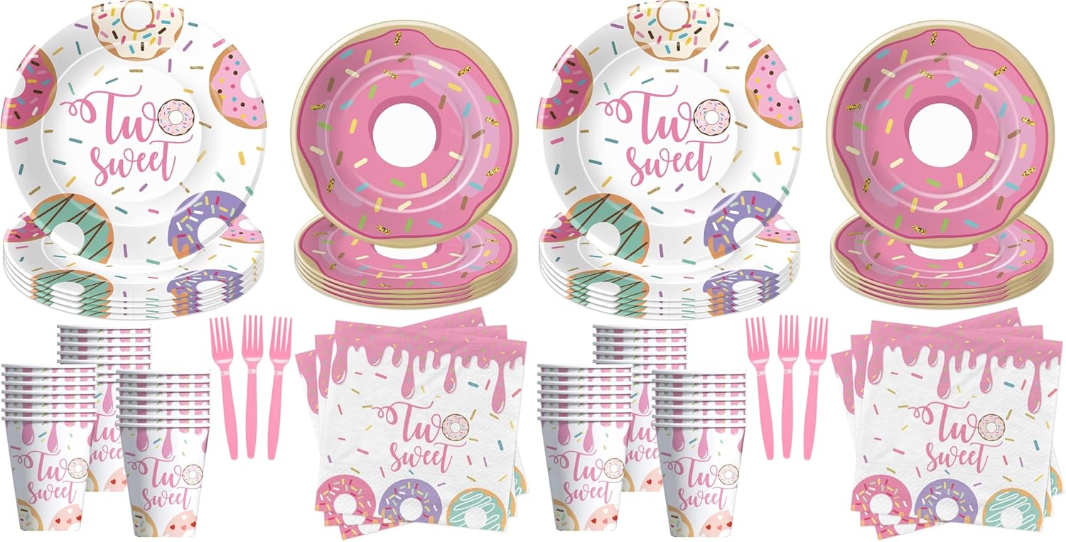 APOWBLS Donut Two Sweet Birthday Plates And Napkins Party Supplies Girls - Pink Donut 2nd Birthday Decorations Tableware, Paper Plate, Cup, Napkin, Fork | Serves 24 (Pack of 2)