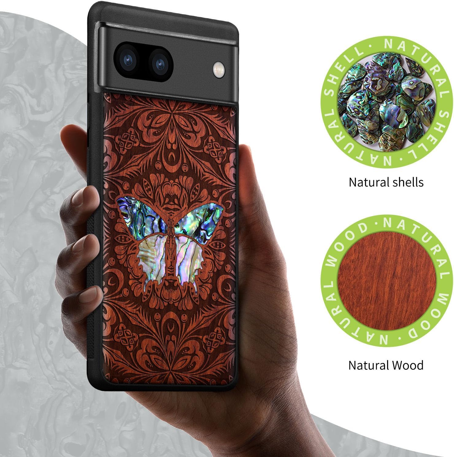 Carveit Designer Wooden Case for Google Pixel 8a Case Cover [Wood Engraving & Shell Inlay] Compatible with Wireless Chargers Pixel 8a (Baroque Butterfly-Rosy)