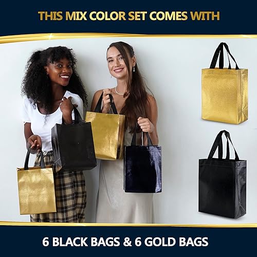 Miniatura 2 de Nush Nush Bolsas de regalo negras y doradas de tamaño mediano, juego de 12 bolsas de regalo reutilizables con 6 bolsas de regalo negras y 6 bolsas