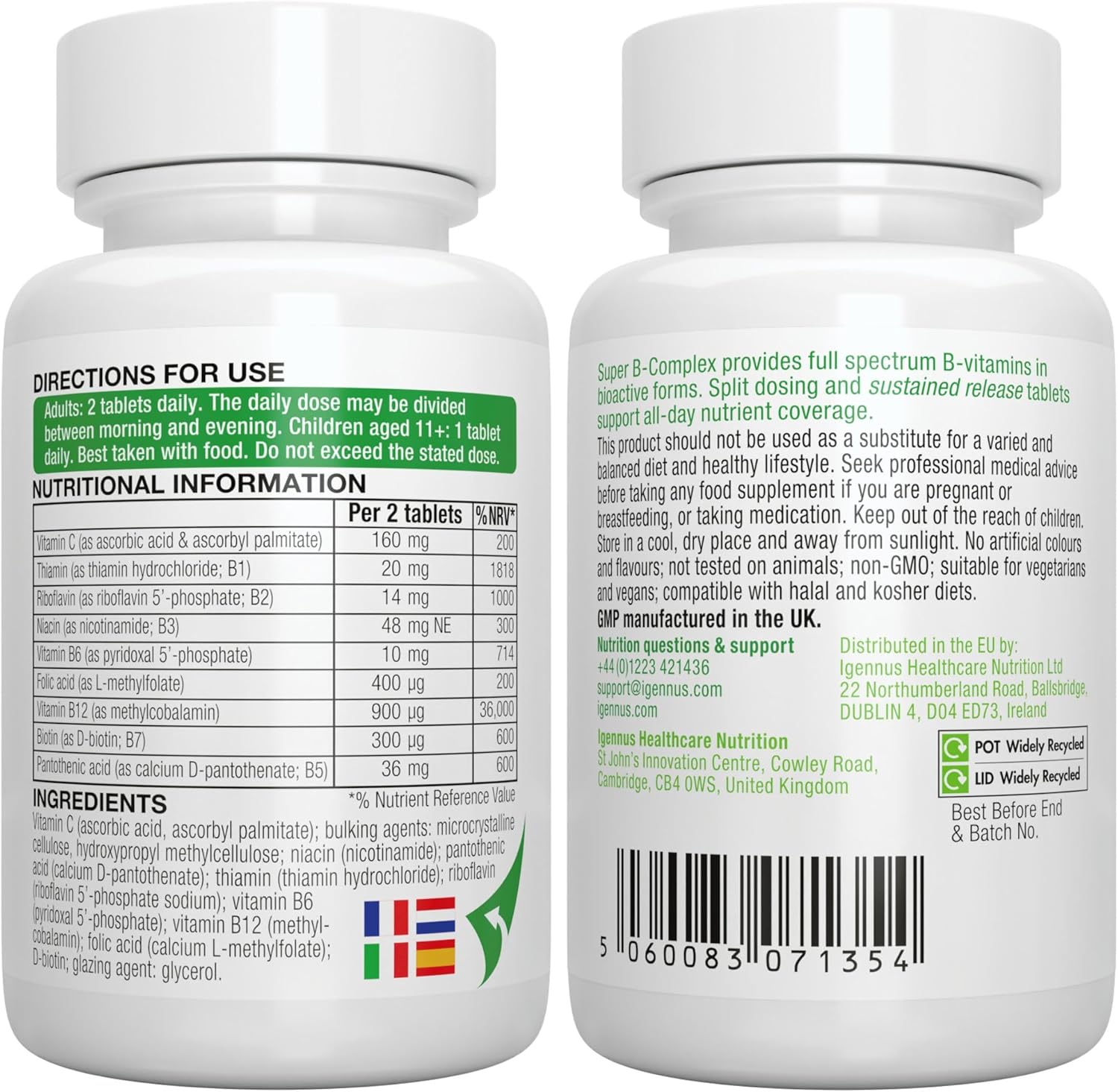 Super B-Complex 180 Tablets + Triple Magnesium Complex 180 Tablets Vegan Bundle, Methylated Sustained Release B Complex + High Absorption Chelated Magnesium Glycinate, Taurate & Citrate, by Igennus