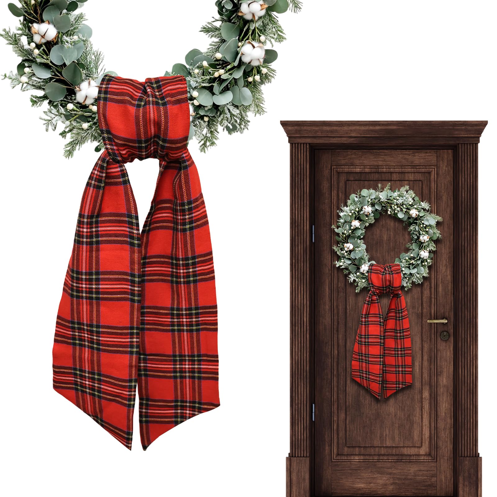 Vickasi Christmas Wreath Sash for Front Door, Red Plaid Burlap Ribbon Sash Xmas Holiday Wreath Accessories for Christmas New Year Decorations