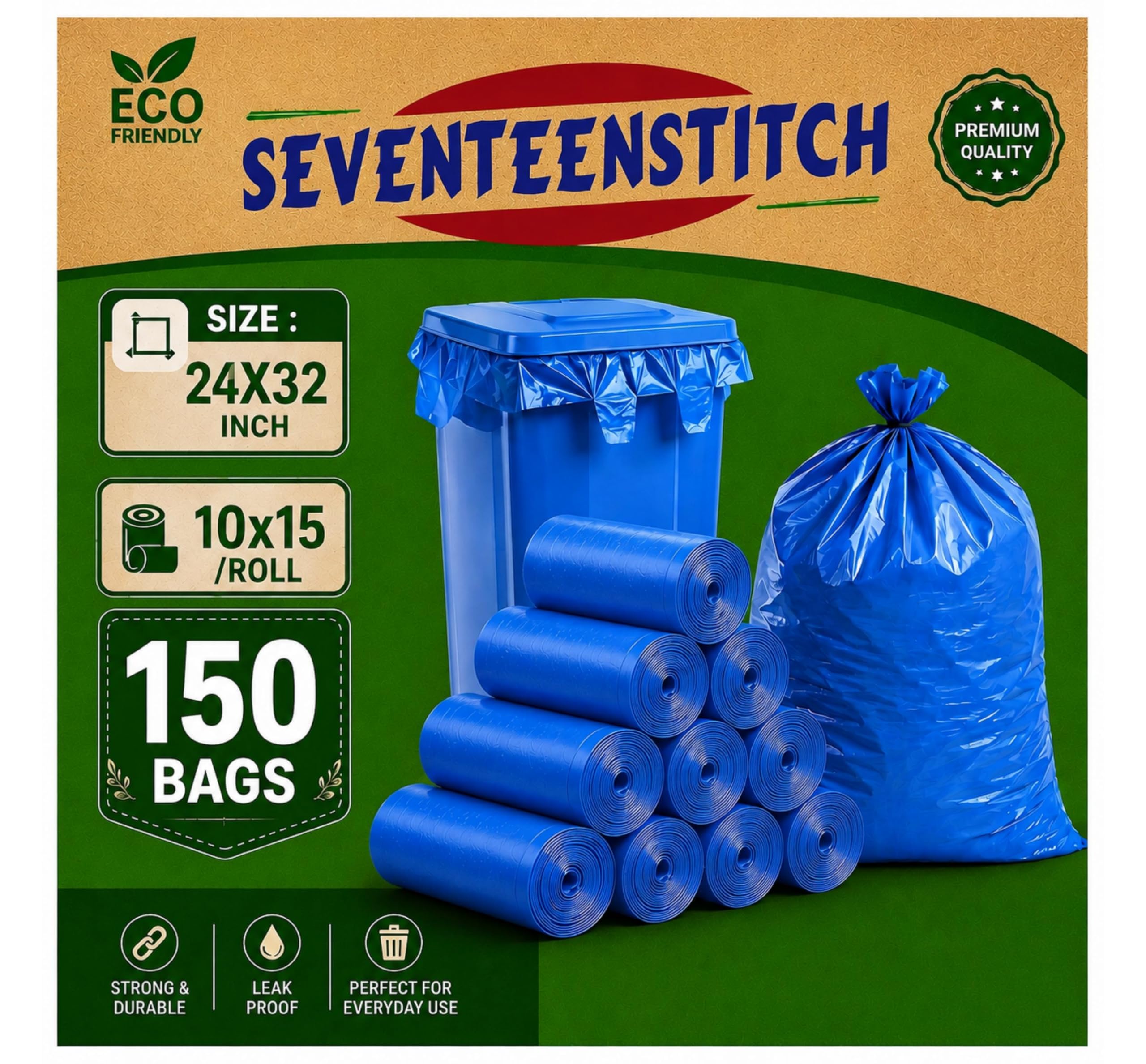 Large Trash Bags - 3 Rolls of 24x32 Blue Bags -13