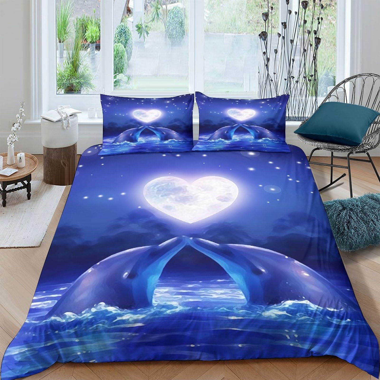 TUFRTGYHN 3D Printed Ocean Heart Duvet Cover Set Microfiber Soft Blue Dolphin Bedding Set with 2 Pillowcases for Bedroom Decor Single（135x200cm）