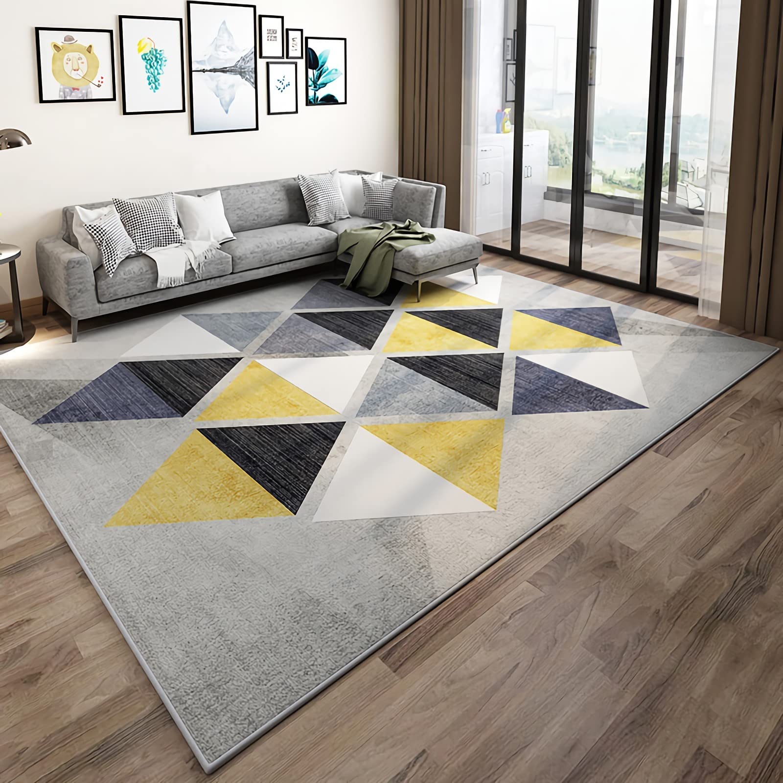 Tapis Tapis Enfant Chambre Garcon Tapis antidérapant Moderne Motif Triangle géométrique Gris Jaune Noir Tapis Chambre ado Garcon Tapis ado Fille 120x160cm
