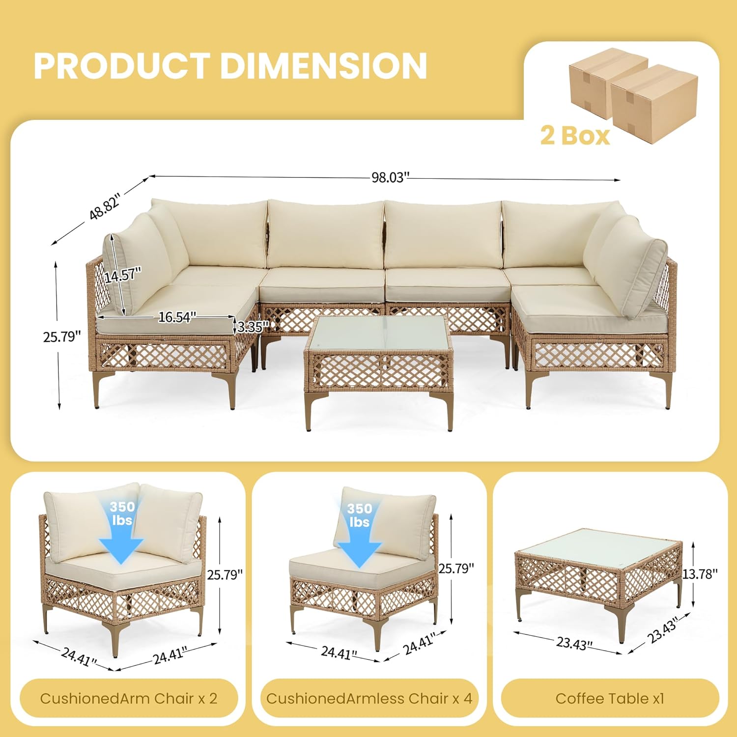 7 Piece Patio Furniture Set, Outdoor Wicker Sectional Sofa Conversation Set with Water Resistant Thick Cushions & Tempered Glass Coffee Table for Backyard, Porch, Boho Style, Natural/Beige