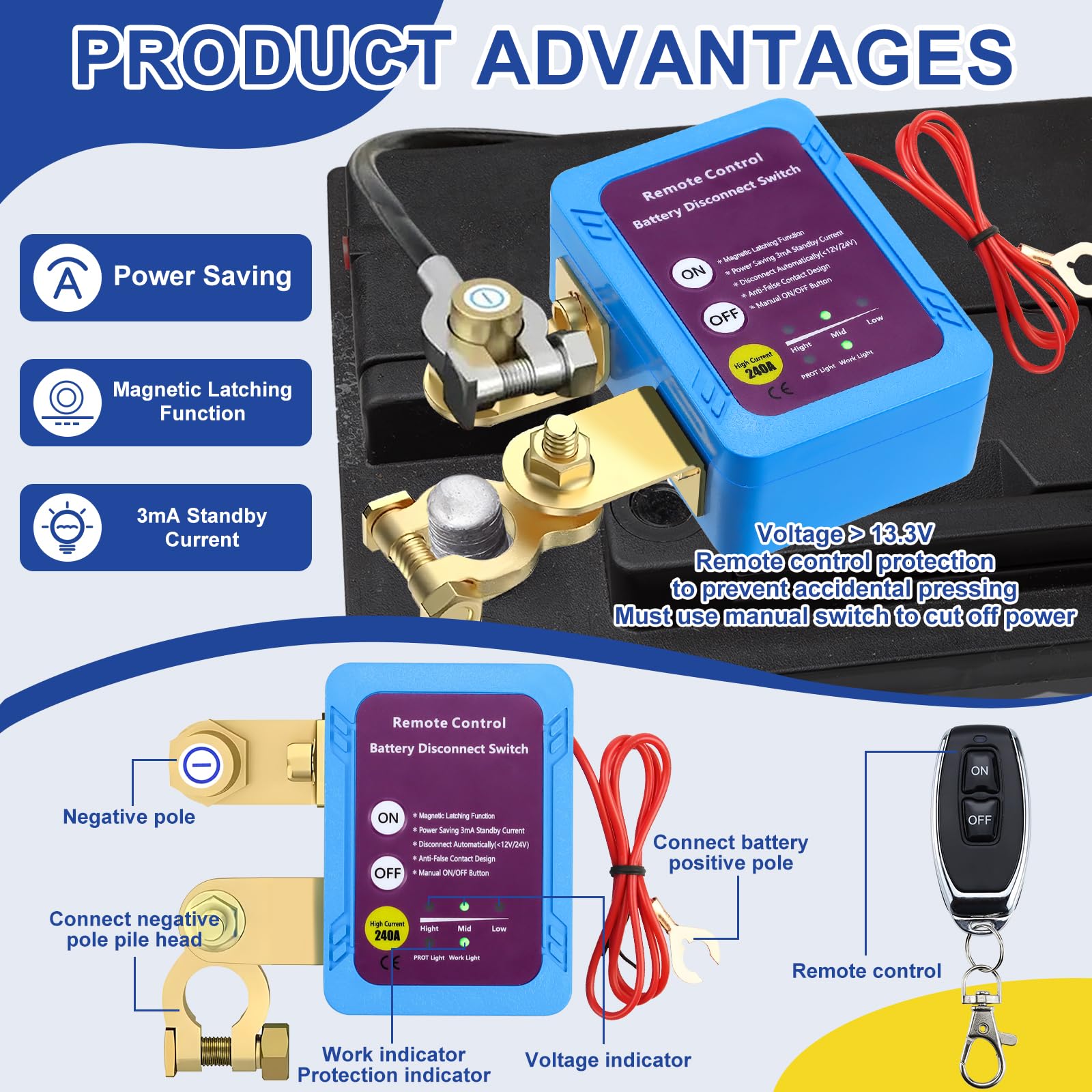GAOUTO Disjoncteur De Batterie Télécommandé Sans Fil 12 V 240 A, Télécommande Kill Switch, Voltmètre Pour Voiture, Tracteur, Moto, RV, ATV, Bateau