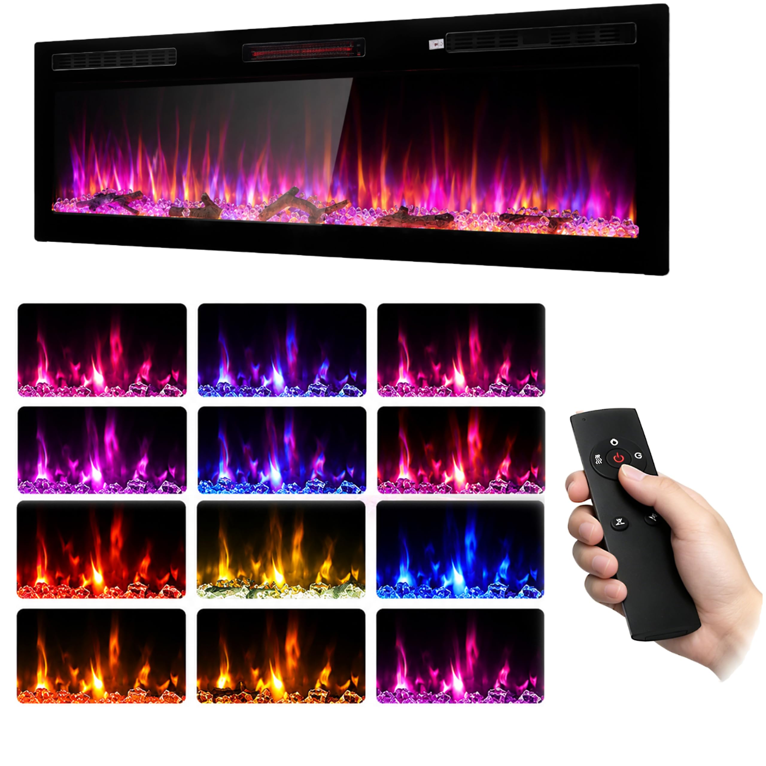 LSBIKE Electric Fire Wall-Mounted/Recessed with 12 LED Flame Colours,Electric fireplace With Timer Function & Overheat Protection,Remote Control,750w/1500w,Logs & Crystals (50INCH)