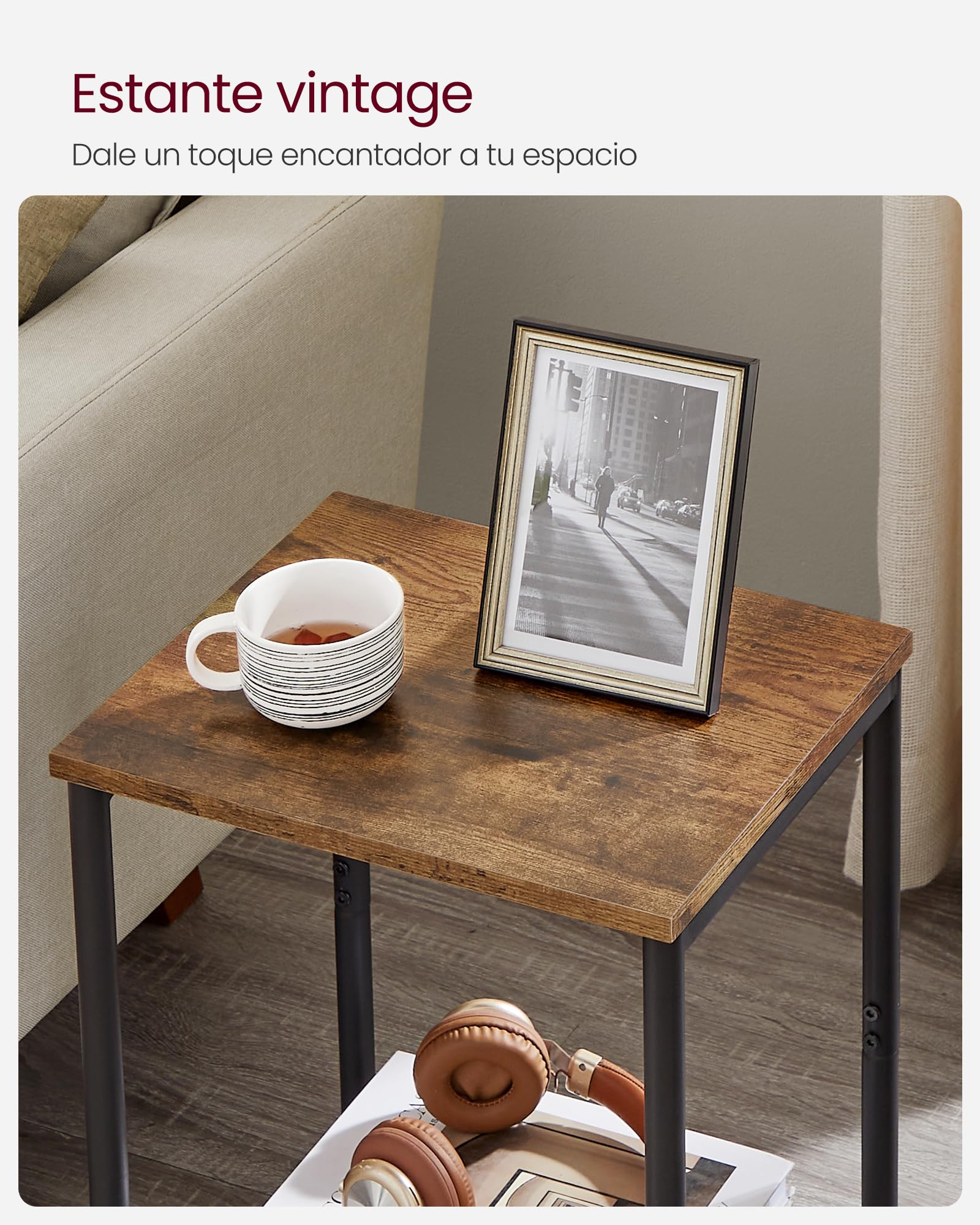 VASAGLE Juego de 2, Mesa de Sofá, Mesa Auxiliar de 2 Niveles, Mesita de Noche con Marco de Acero, para Salón, Dormitorio, Estudio, Marrón Rústico y Negro Tinta LET272B01