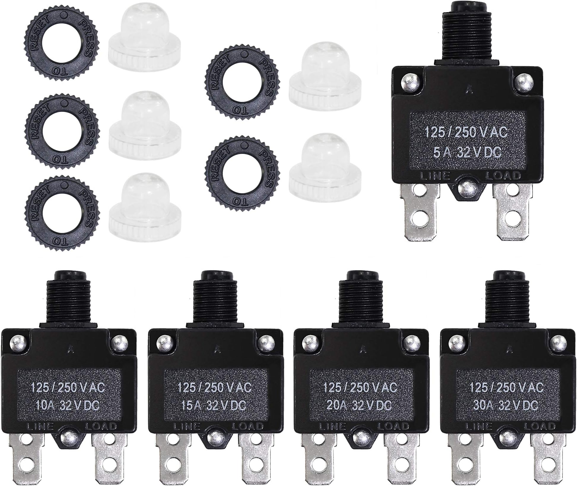 5PCS 5,10,15,20,30Amp Circuit Breakers with Manual Reset 32VDC,AC125-250V with Quick Connect Terminals