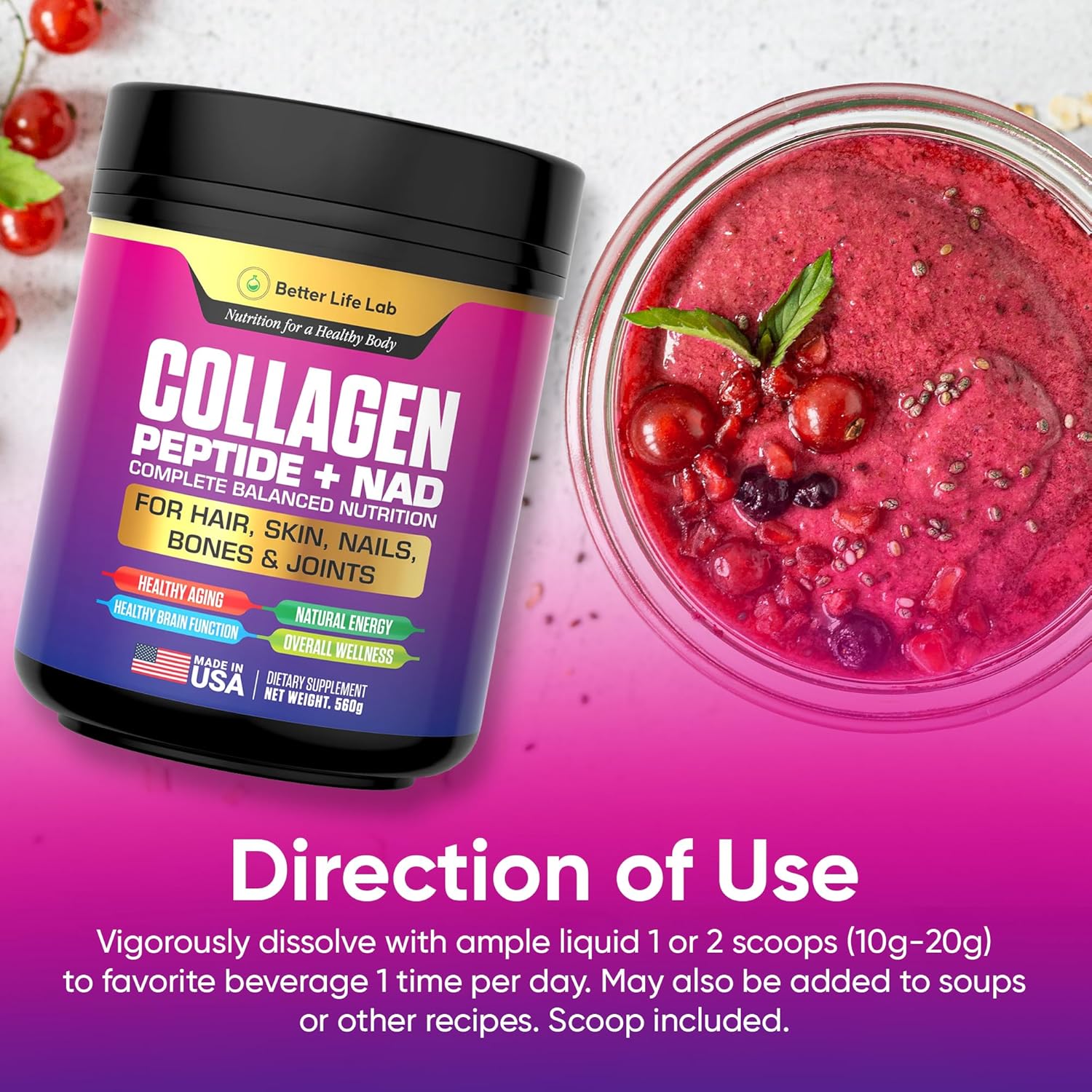 Hydrolyzed Collagen Peptides with NAD – Supports Hair, Skin, Nails, Joints & Bones – Type I & III Collagen – Grass-Fed, Unflavored Powder - Image 9