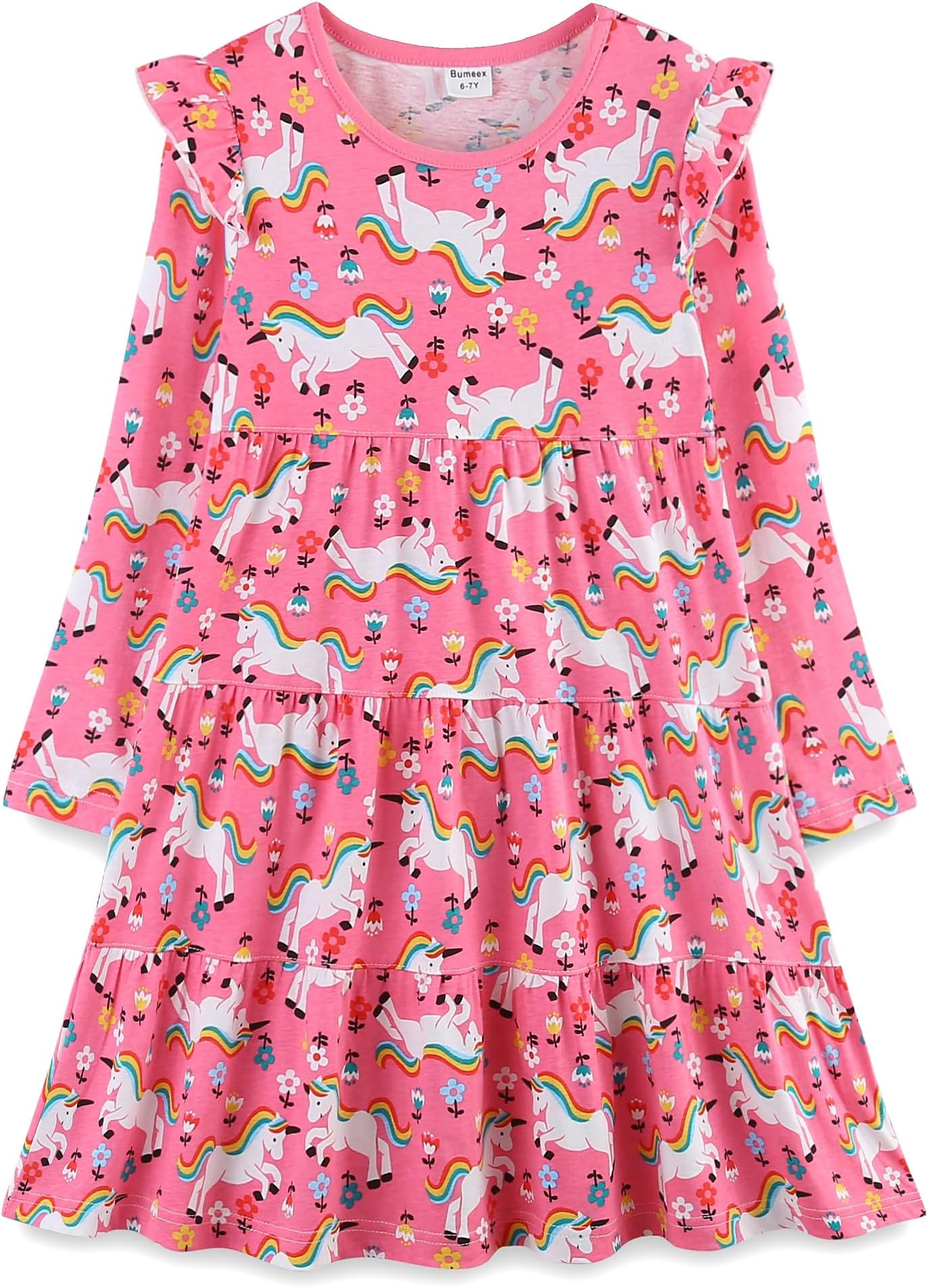 Girl's Dresses Cotton Ruffle Sleeve Tiered Swing A-Line Cute Midi Casual Sundress