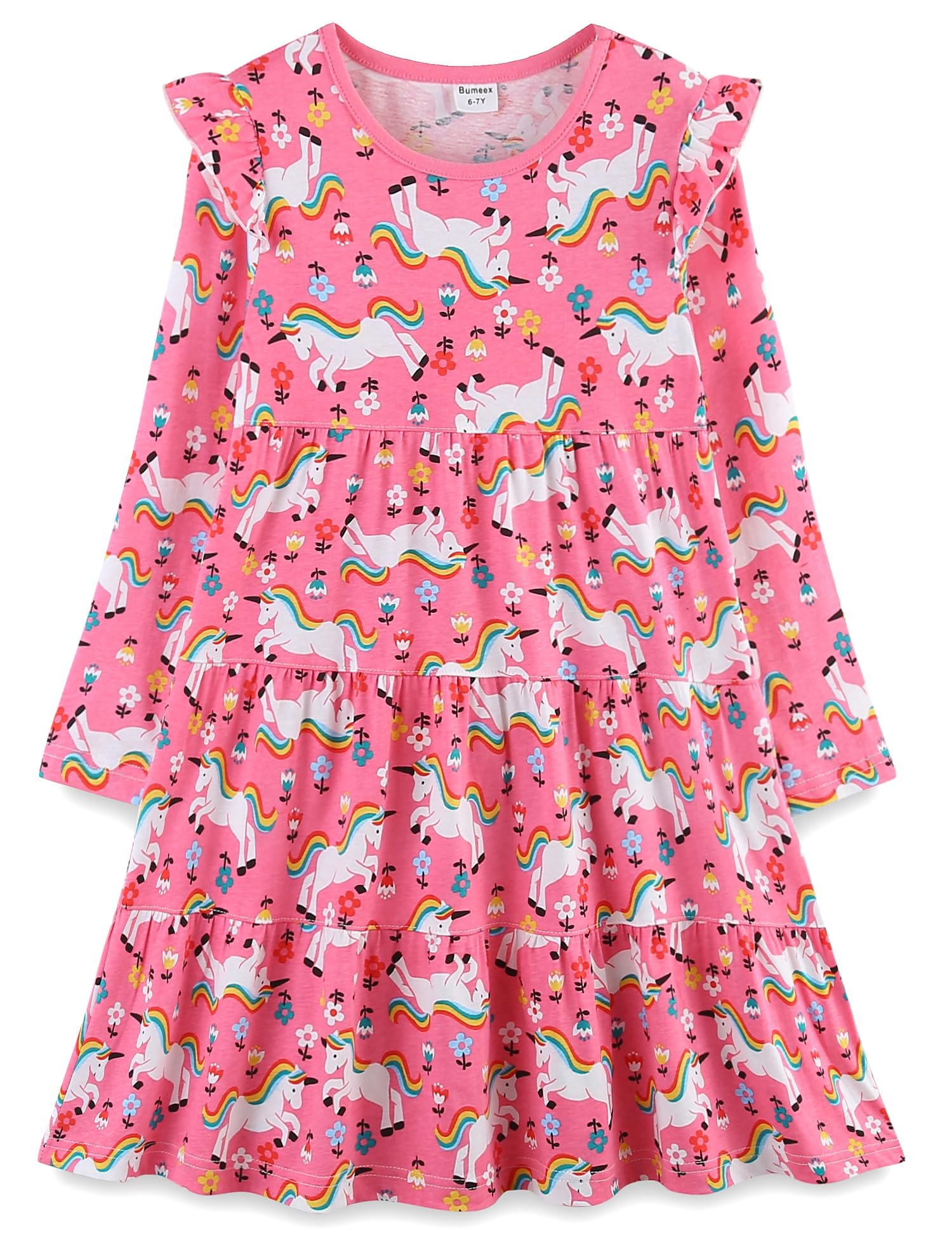 BumeexGirl's Dresses Cotton Ruffle Sleeve Tiered Swing A-Line Cute Midi Casual Sundress