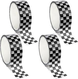 4 Rolls Checkered Flag Tape, Black White Washi Tape Checkerboard Grid Pattern Checkered Flag Party Supplies 1 Roll 196 inch/5.4 Yards Buffalo Tapes for Scrapbooking DIY Crafts Box Decoration(4)