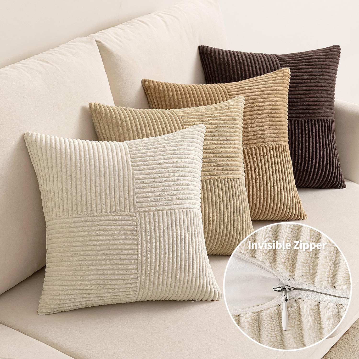 EMEMA Corduroy Cushion Cover, Set of 4, Patchwork Cushion Cover, 50 x 50 cm, Decorative Cushion Sofa Cushion - Image 4