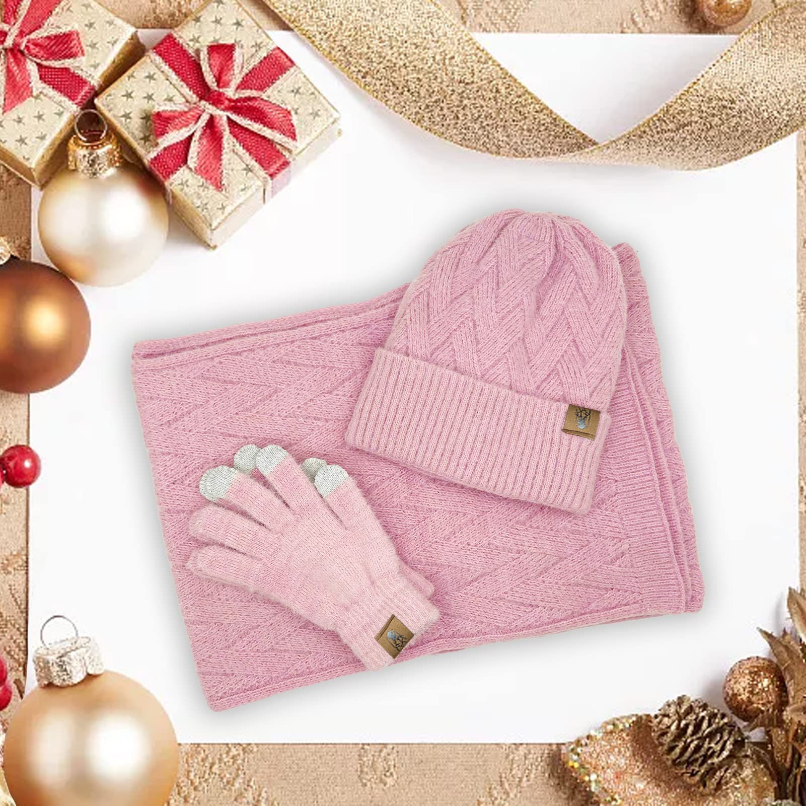Mütze Schal Set und Handschuhe für Damen Beanie Mütze Winter mit Fleecefutter and Touchscreen Handschuhe Langer Schal 3 in 1 Set