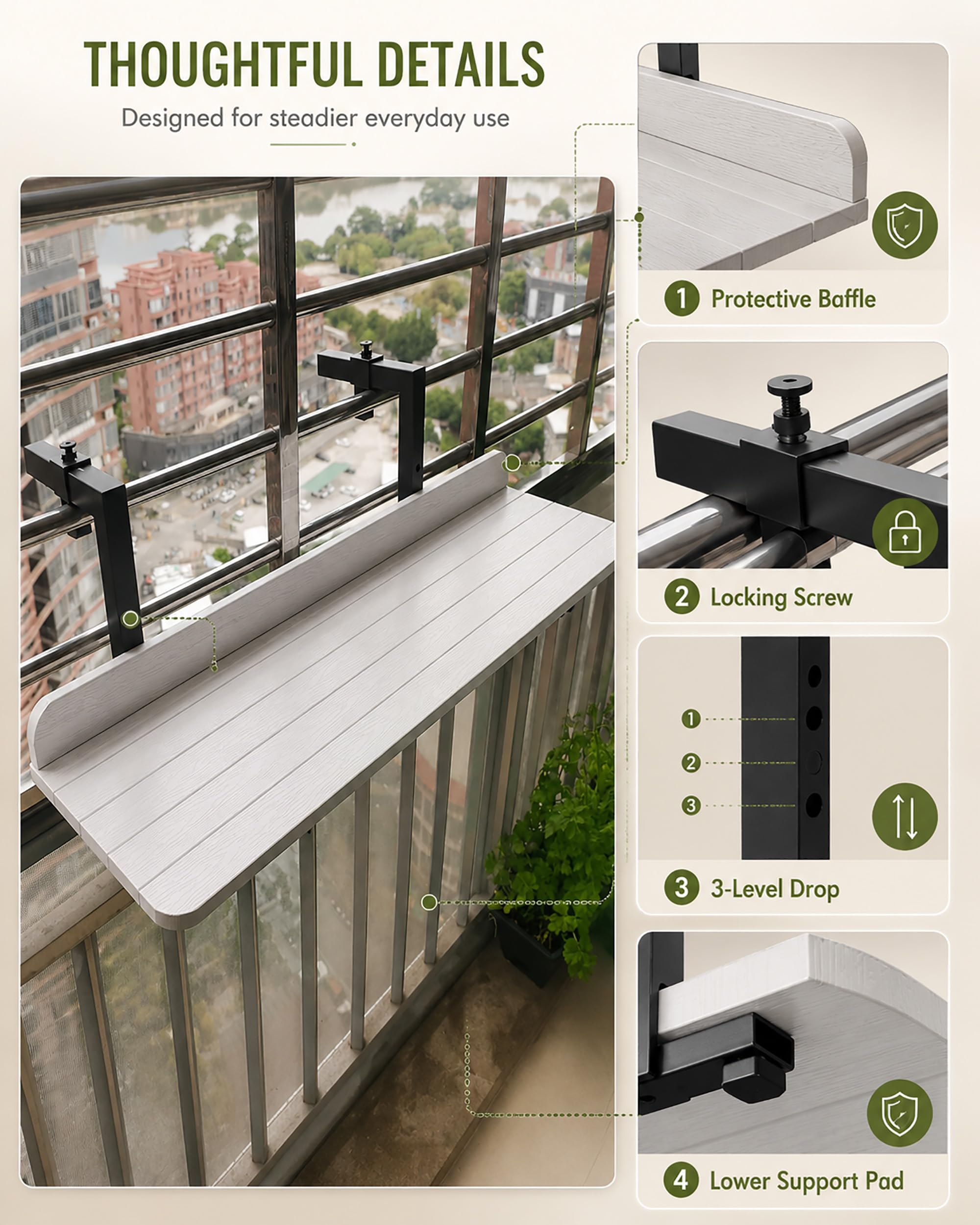 Mesa Colgante para Balcón Plegable - Barra Bar de Terraza Exterior Sin Taladrar, Altura Ajustable con Borde de Seguridad, Madera Plástica,Blanca,80 * 25cm