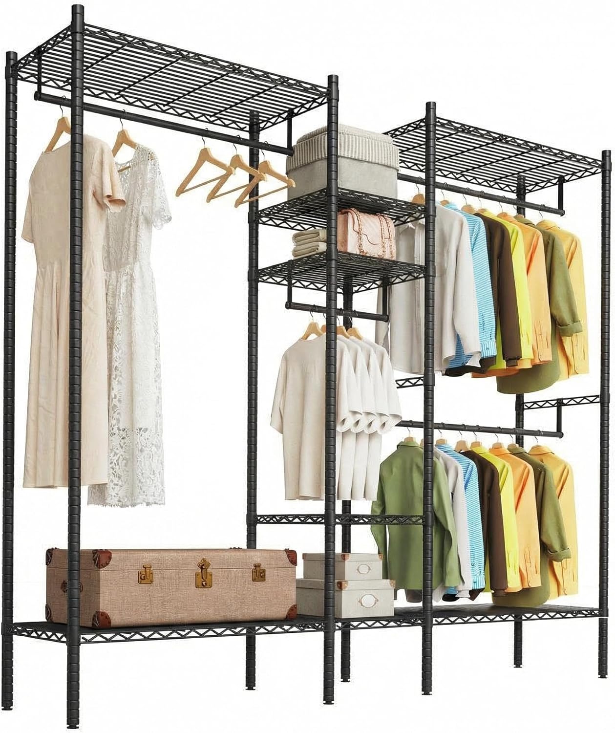 Heavy Duty Steel Closet Organizer with Shelves & Hanging Rods, 45" Wide Clothes Rack System, 4-Tier Freestanding Closet Storage for Bedroom, Laundry, Retail – Max Load 850 Lbs, Black