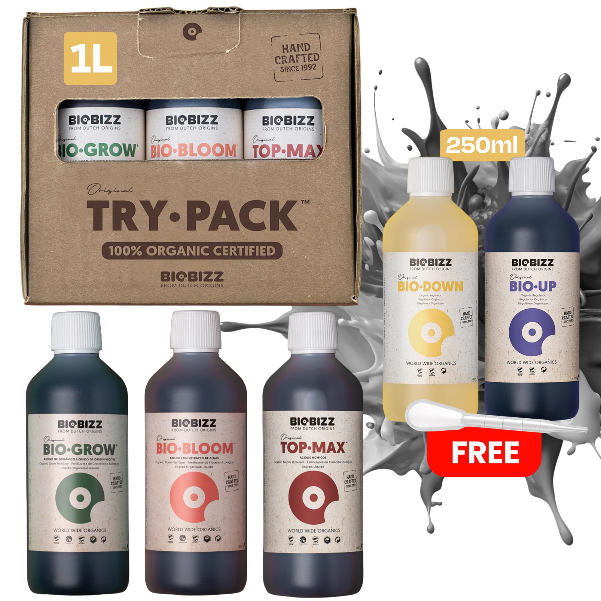 Biobizz XXL Trypack Indoor Set mit Bio Bloom, Bio Grow und Top Max je 1L und Bio Up, Bio Down je 250ml inklusive Messpipette
