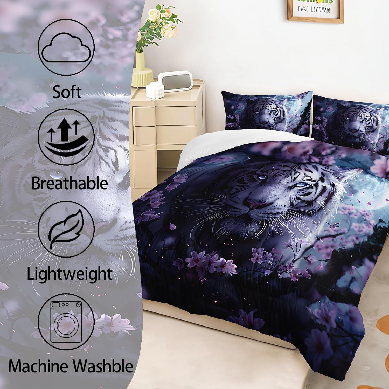 AILONEN 3D White Tiger Full Size Comforter Set - Moon Night Wild Animal Bedding Set for Girls - Romantic Pink Floral Tiger Duvet with 2 Pillowcases - 3Pcs
