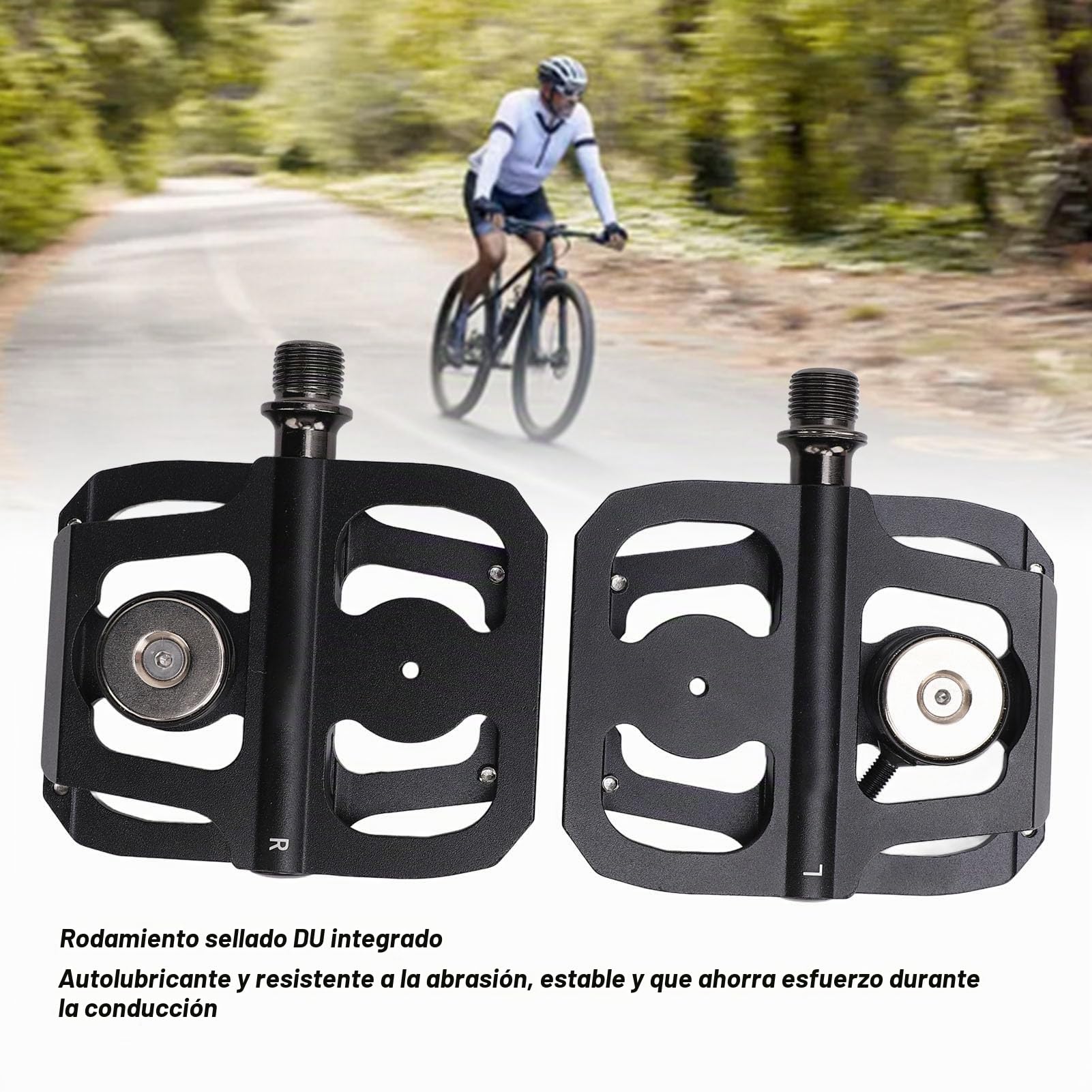 Pedales de bicicleta con rodamiento DU sellado, pedales de plataforma plana de aleación de aluminio con eje de acero y interfaz roscada universal