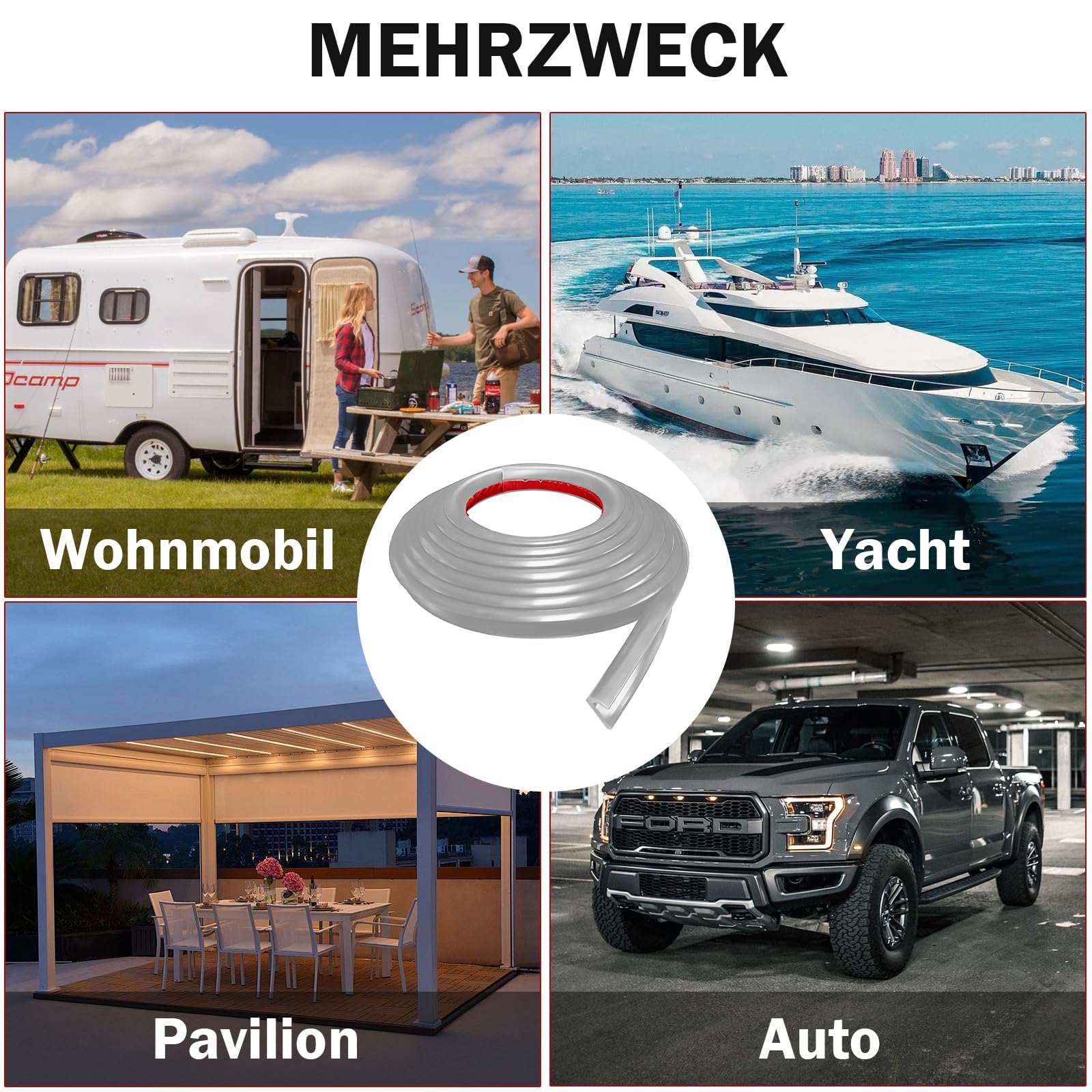 Gouttière de Pluie en Forme de J pour Camping-car, Adhésive au Dos, Gouttes de Pluie Convient pour tous les types de voitures, camions, camping-cars et yachts (Gris, 5M)