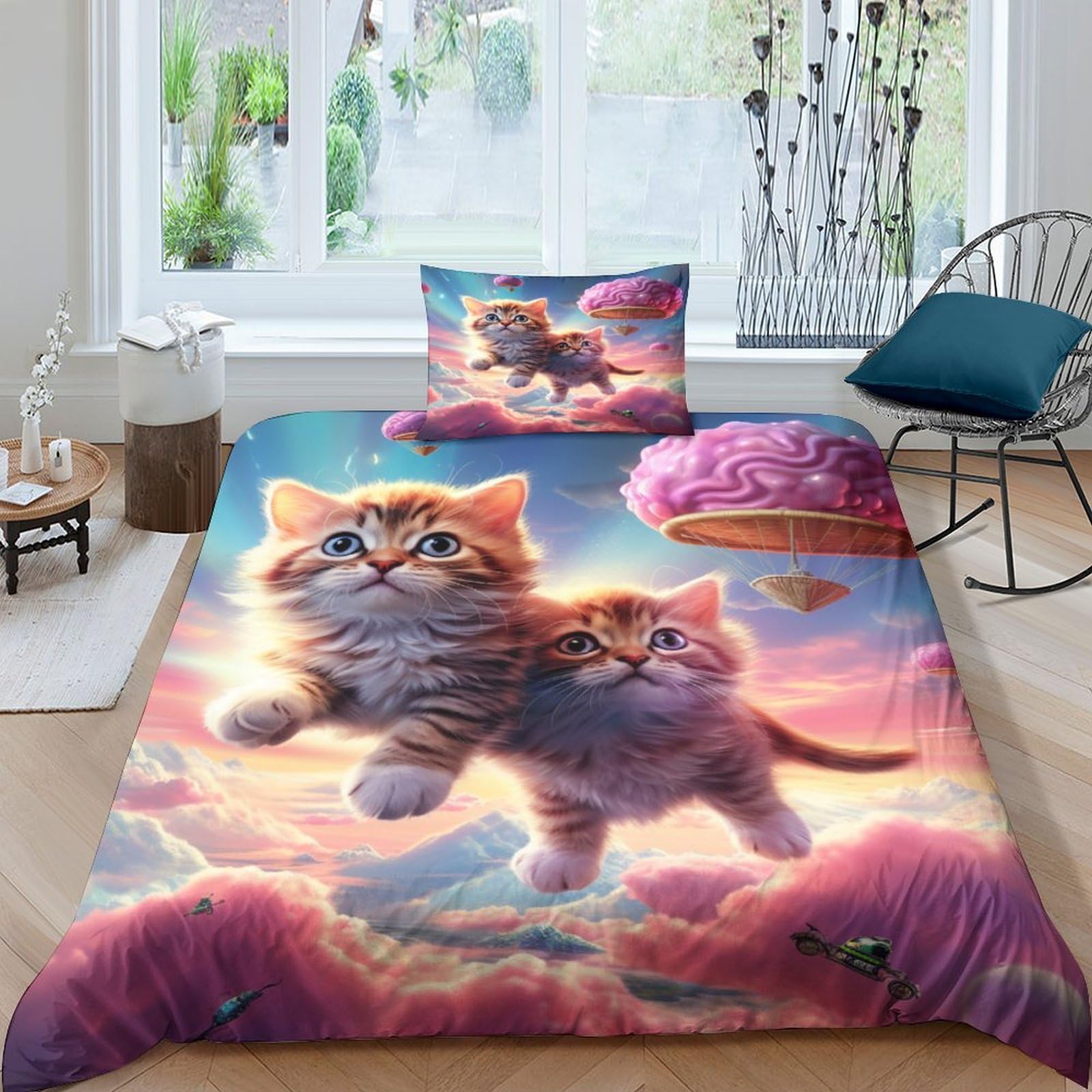 Housse de couette chat mignon 135x200cm avec taie d'oreiller en microfibre pour lit une place