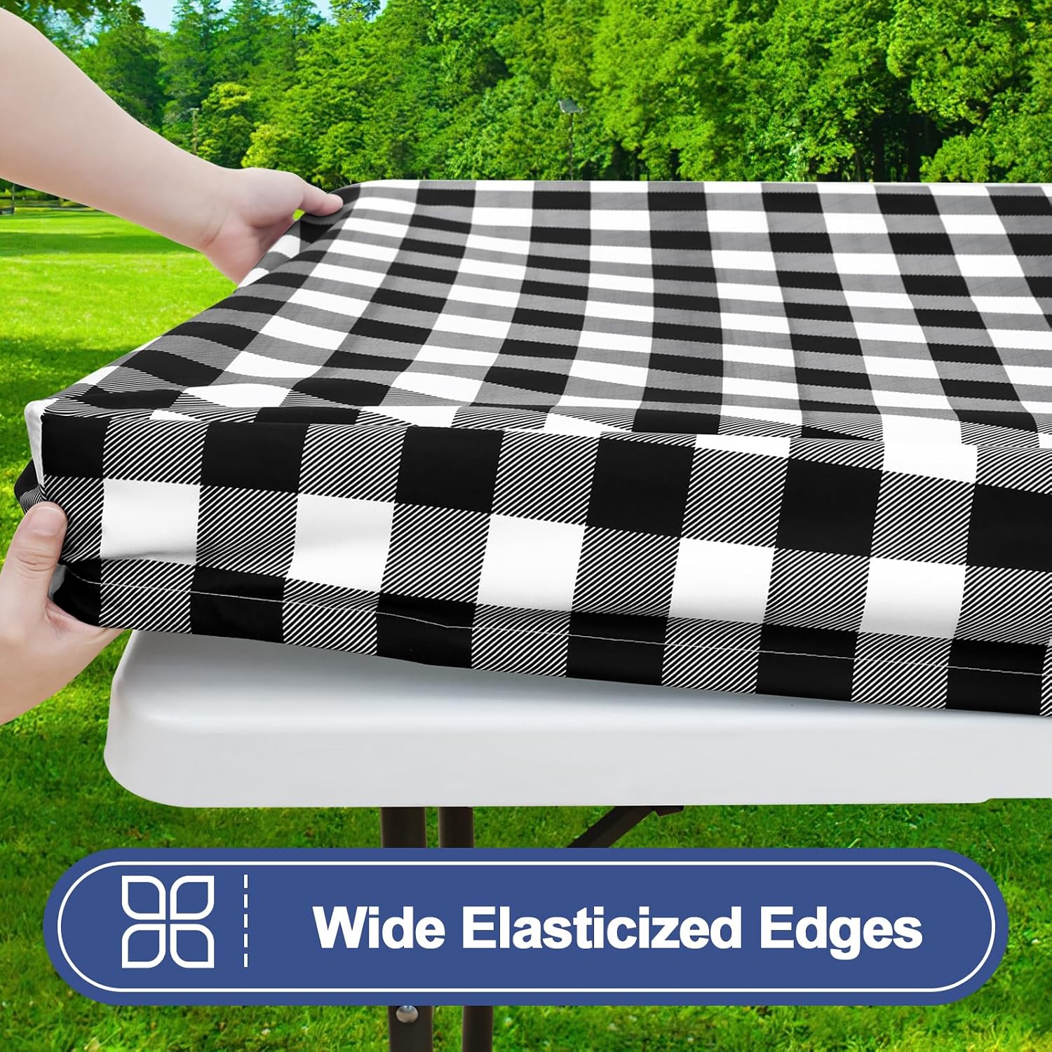 Smiry Picnic Table Cloth 4 Pack, Waterproof Elastic Fitted Tablecloths for 6FT Rectangle Tables, Washable Polyester Buffalo Plaid Tablecloth for Camping, Dining & Outdoor (Black & White, 30" x 72")