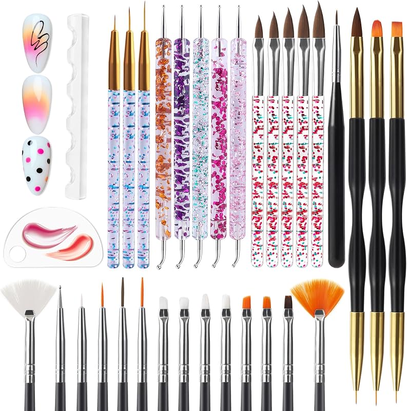 32pcs Nail Art Brushes Tools Set Dotting Tools for Gel Polish | Dust Brush,Striping Brushes for Long Lines, Drawing Pen Design supply