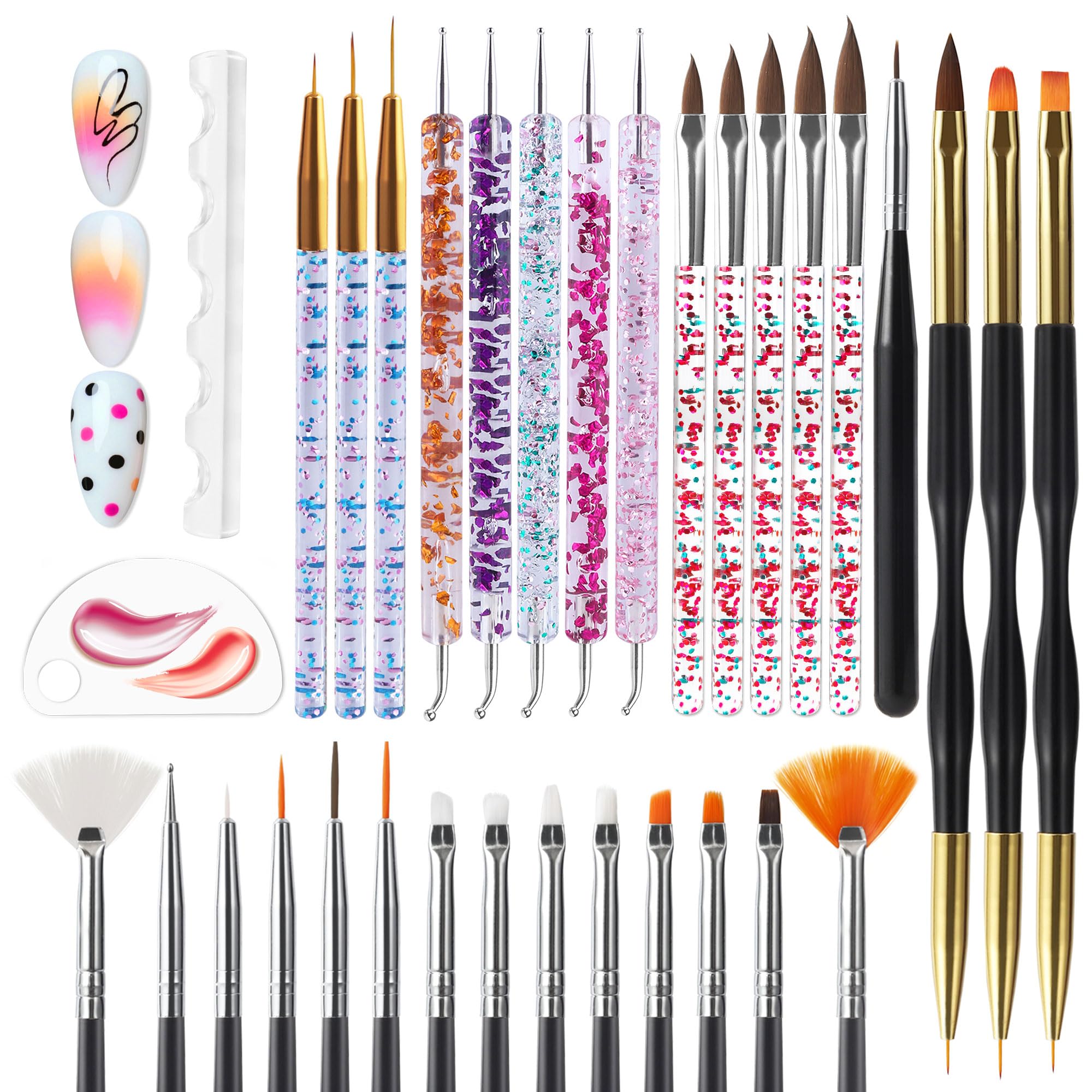 Artdone Nail Dotting Tools 32PCS Double-ended Nail Art Brushes Kit Nail Art Gel Polish Liner Brushes Design Pen For Nail Drawing And Nail Paint Brushes Small Detail Brushes